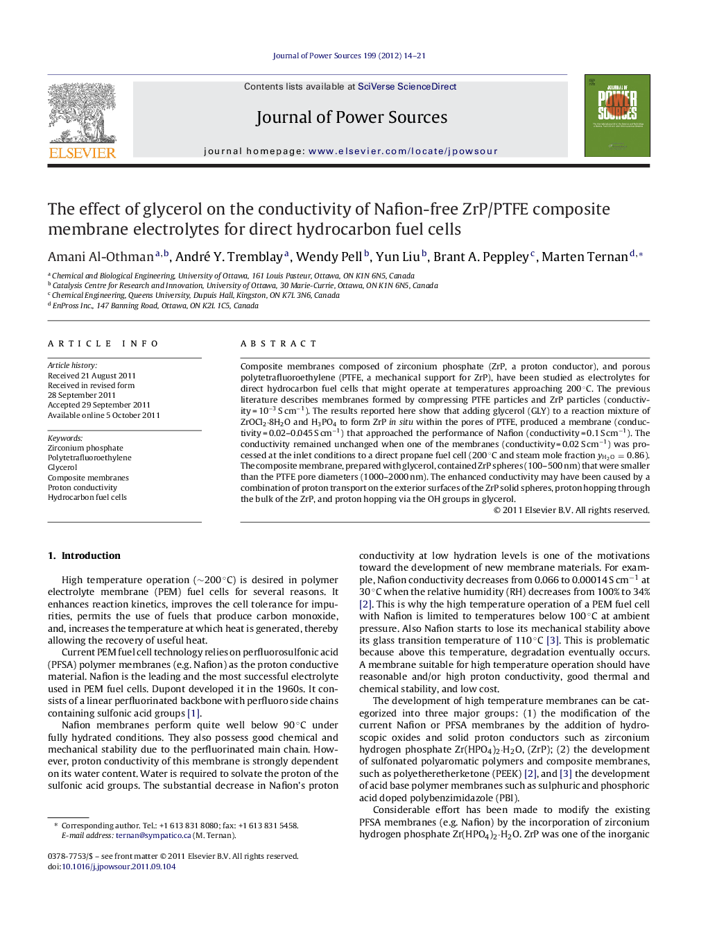 The effect of glycerol on the conductivity of Nafion-free ZrP/PTFE composite membrane electrolytes for direct hydrocarbon fuel cells