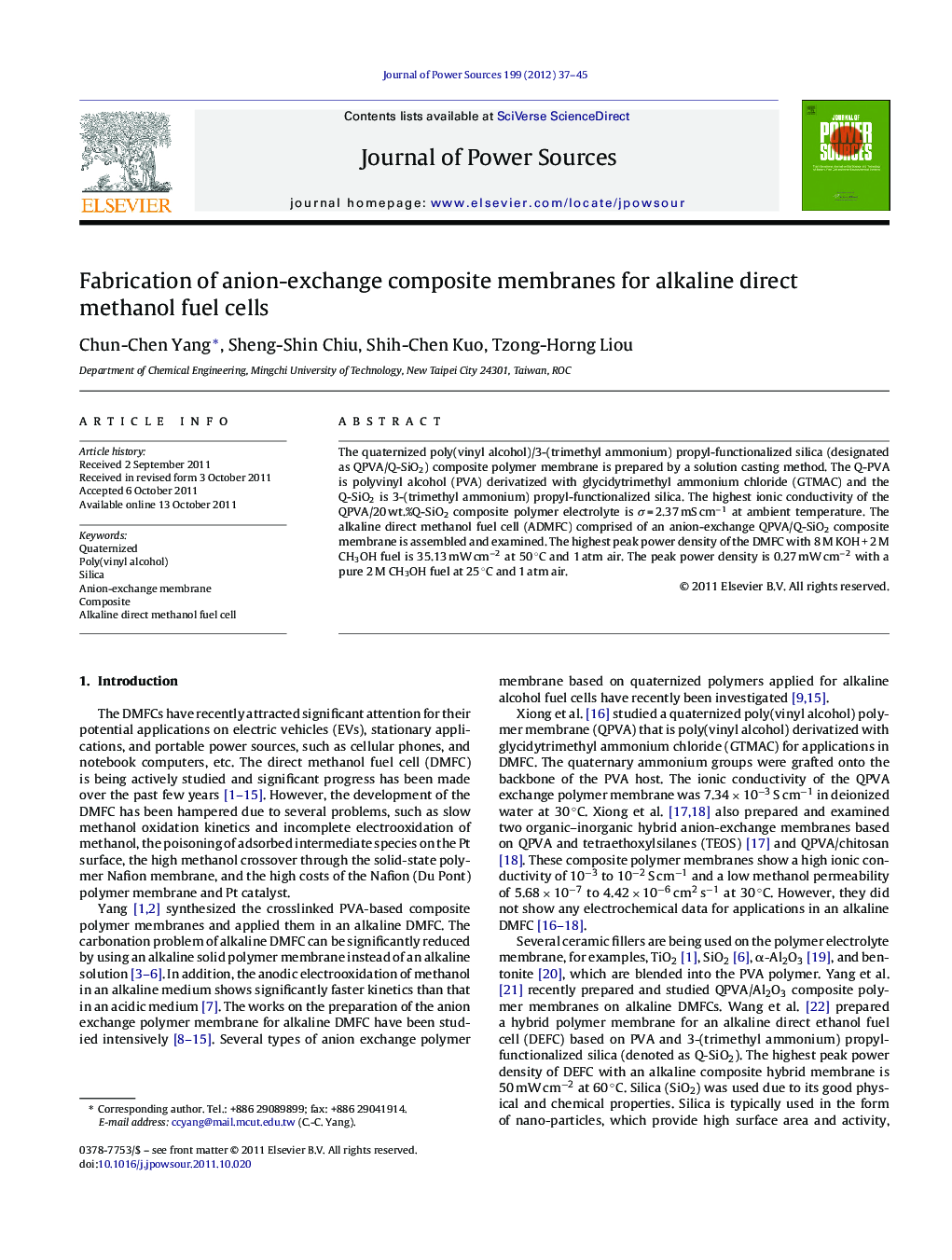 Fabrication of anion-exchange composite membranes for alkaline direct methanol fuel cells