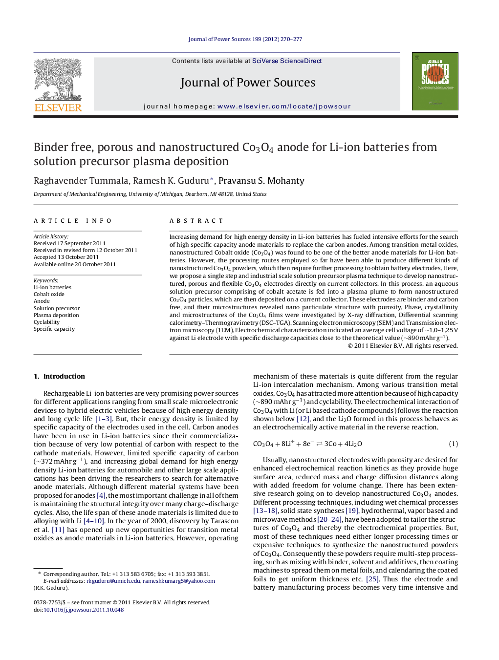 Binder free, porous and nanostructured Co3O4 anode for Li-ion batteries from solution precursor plasma deposition