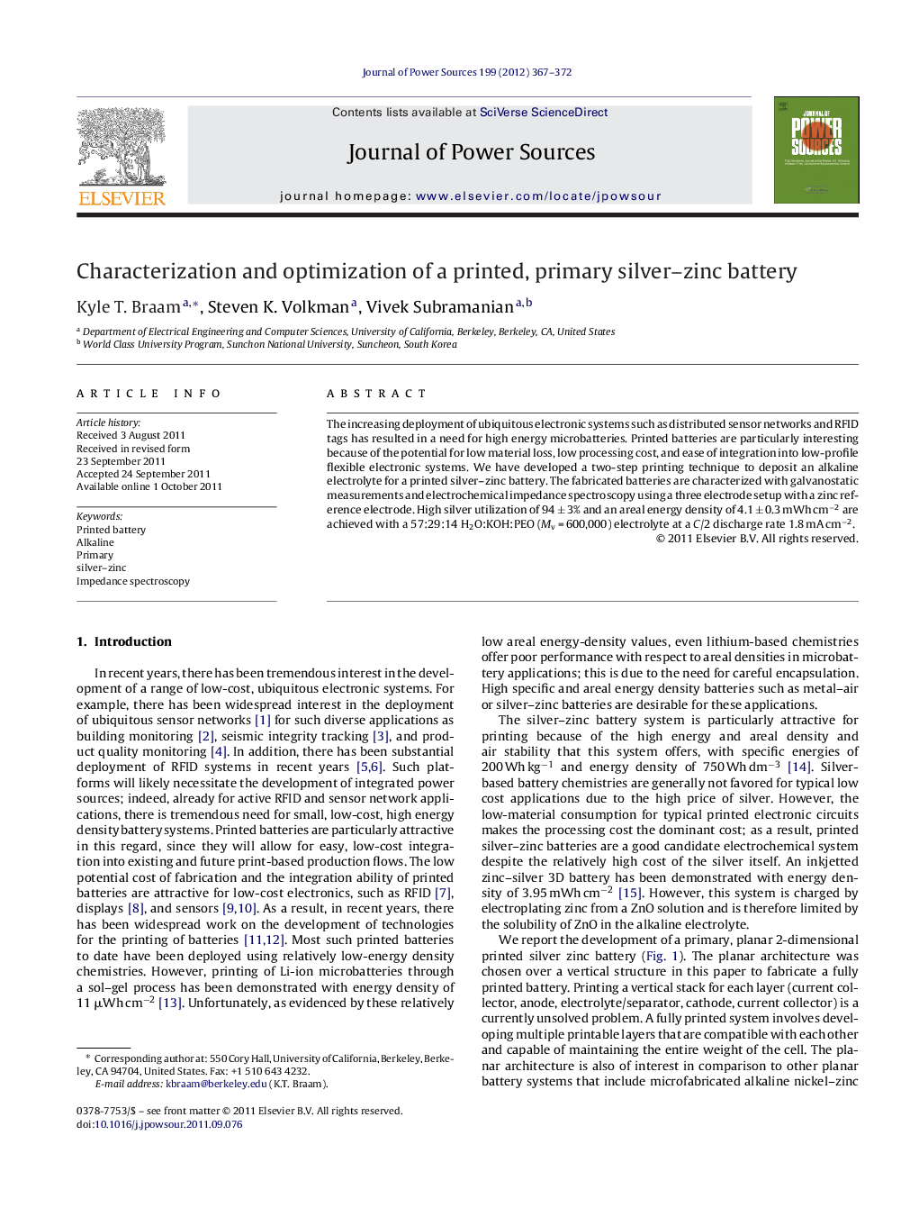 عکس صفحه اول مقاله: Characterization and optimization of a printed, primary silver–zinc battery Characterization and optimization of a printed, primary silver–zinc battery