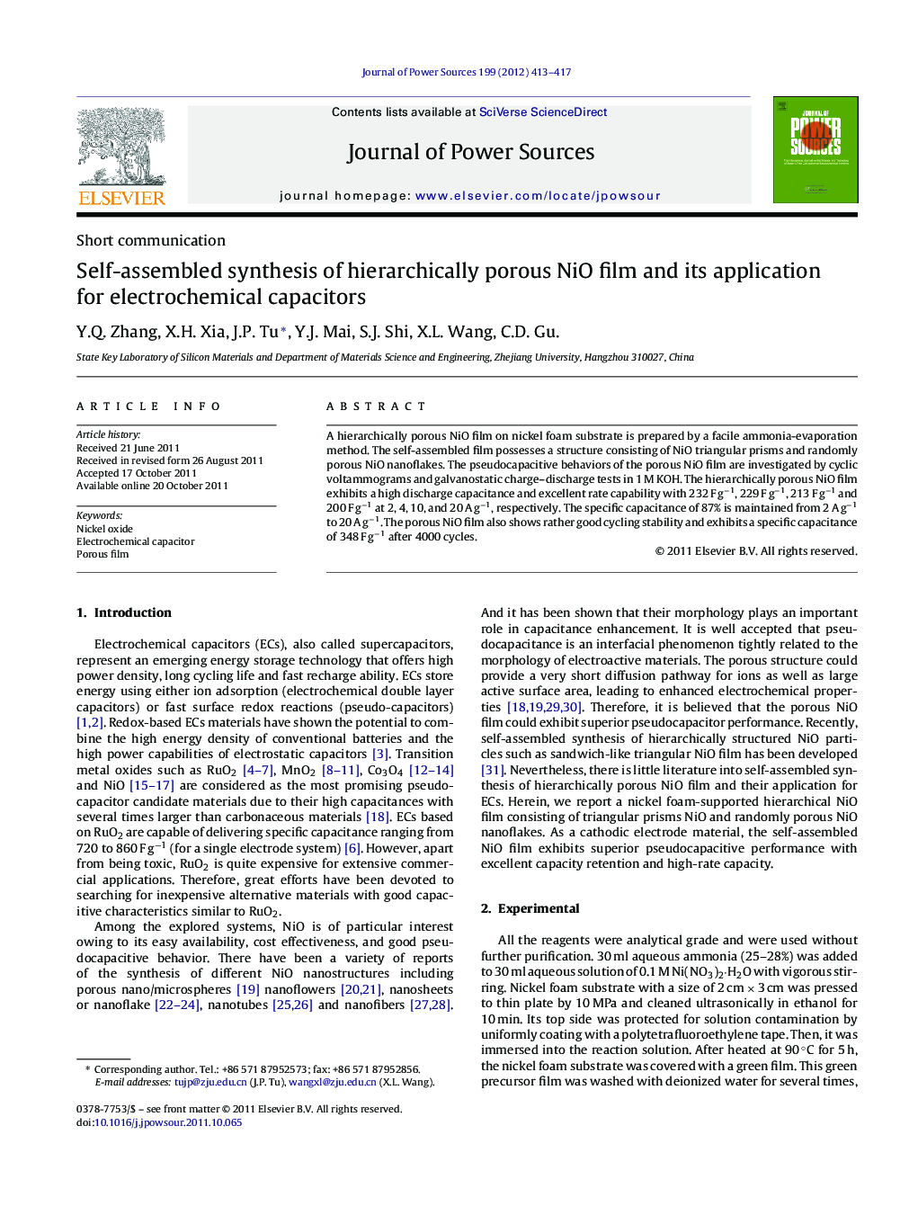 Self-assembled synthesis of hierarchically porous NiO film and its application for electrochemical capacitors