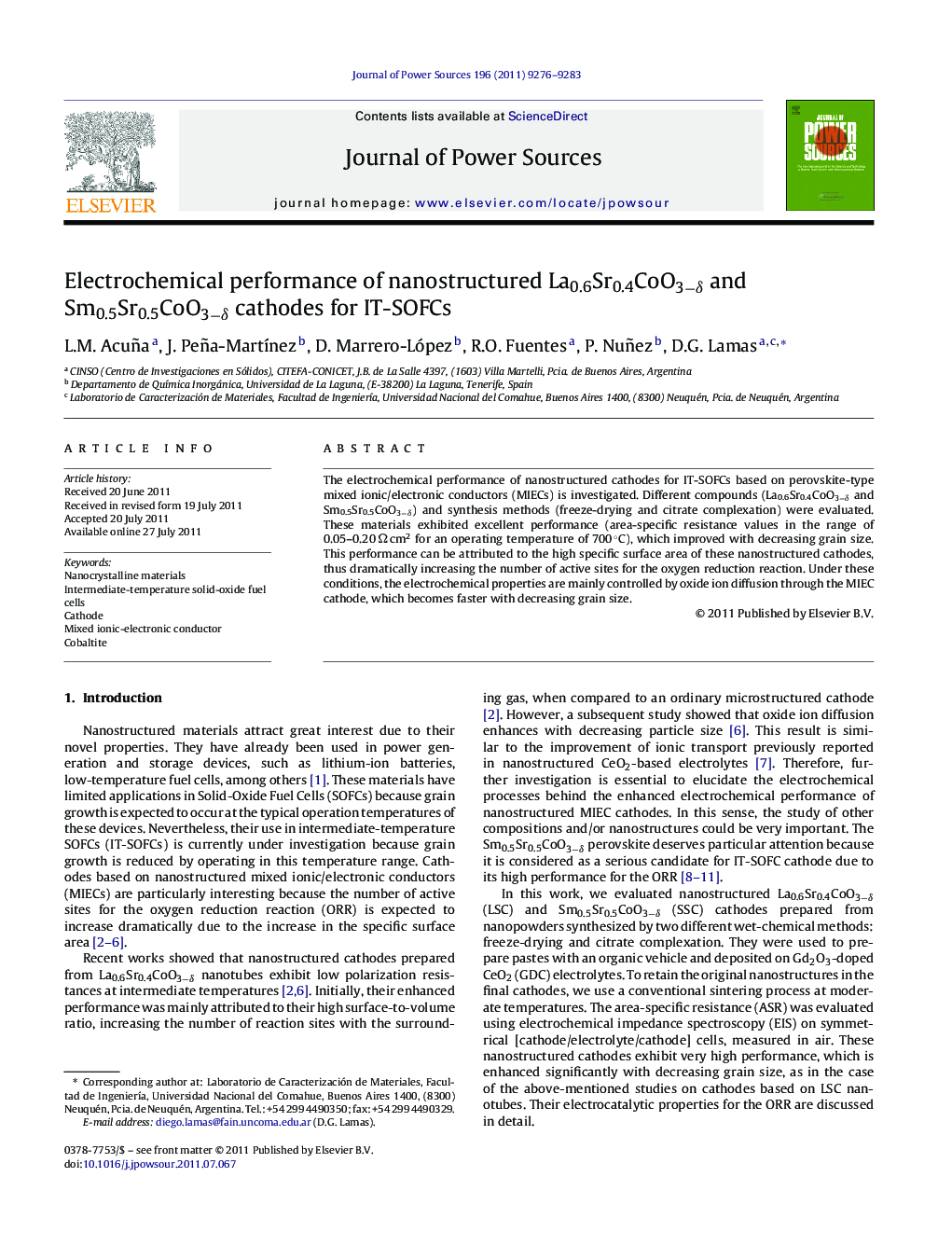 Electrochemical performance of nanostructured La0.6Sr0.4CoO3−δ and Sm0.5Sr0.5CoO3−δ cathodes for IT-SOFCs