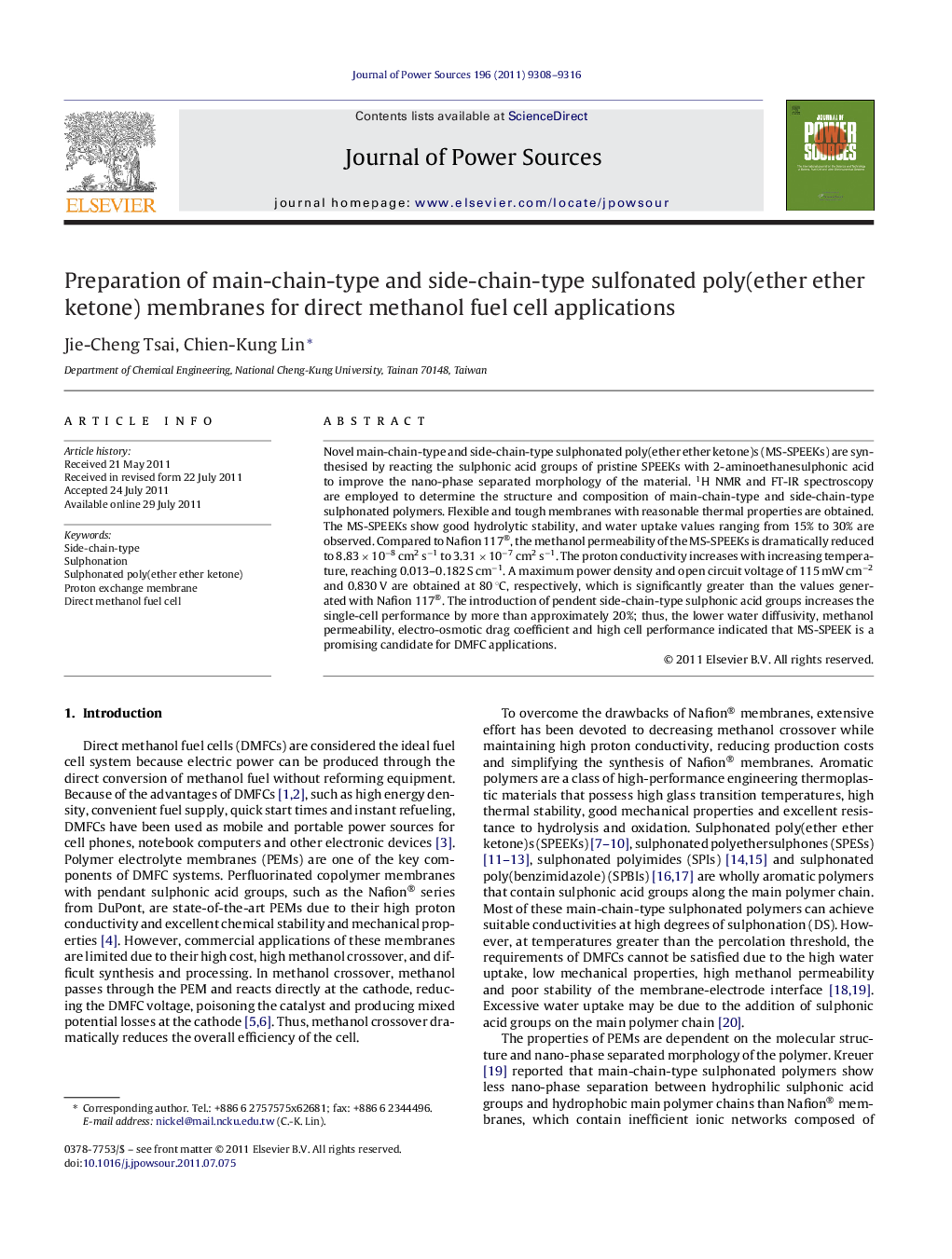 Preparation of main-chain-type and side-chain-type sulfonated poly(ether ether ketone) membranes for direct methanol fuel cell applications