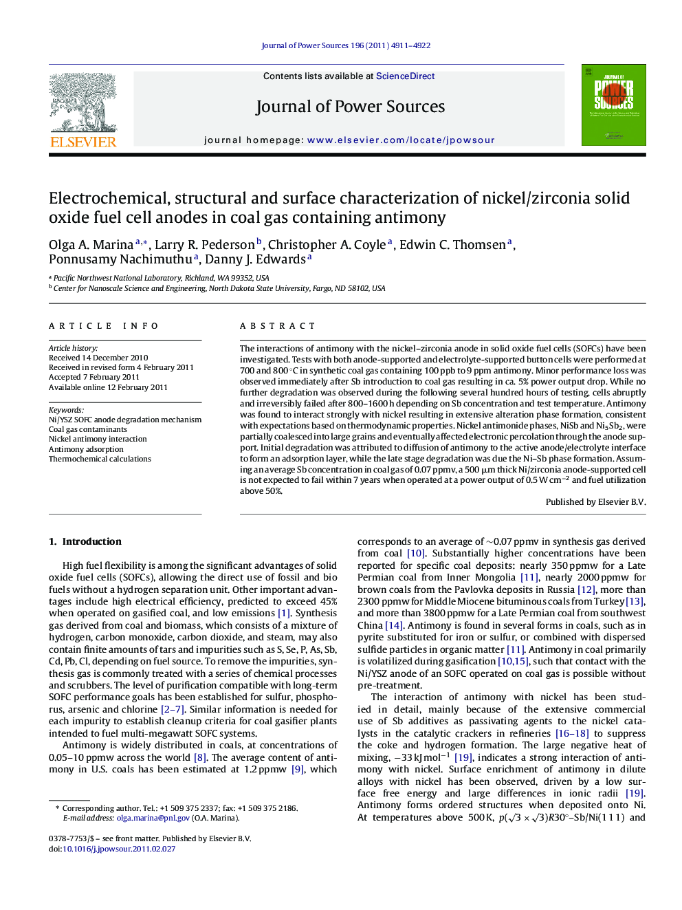 Electrochemical, structural and surface characterization of nickel/zirconia solid oxide fuel cell anodes in coal gas containing antimony