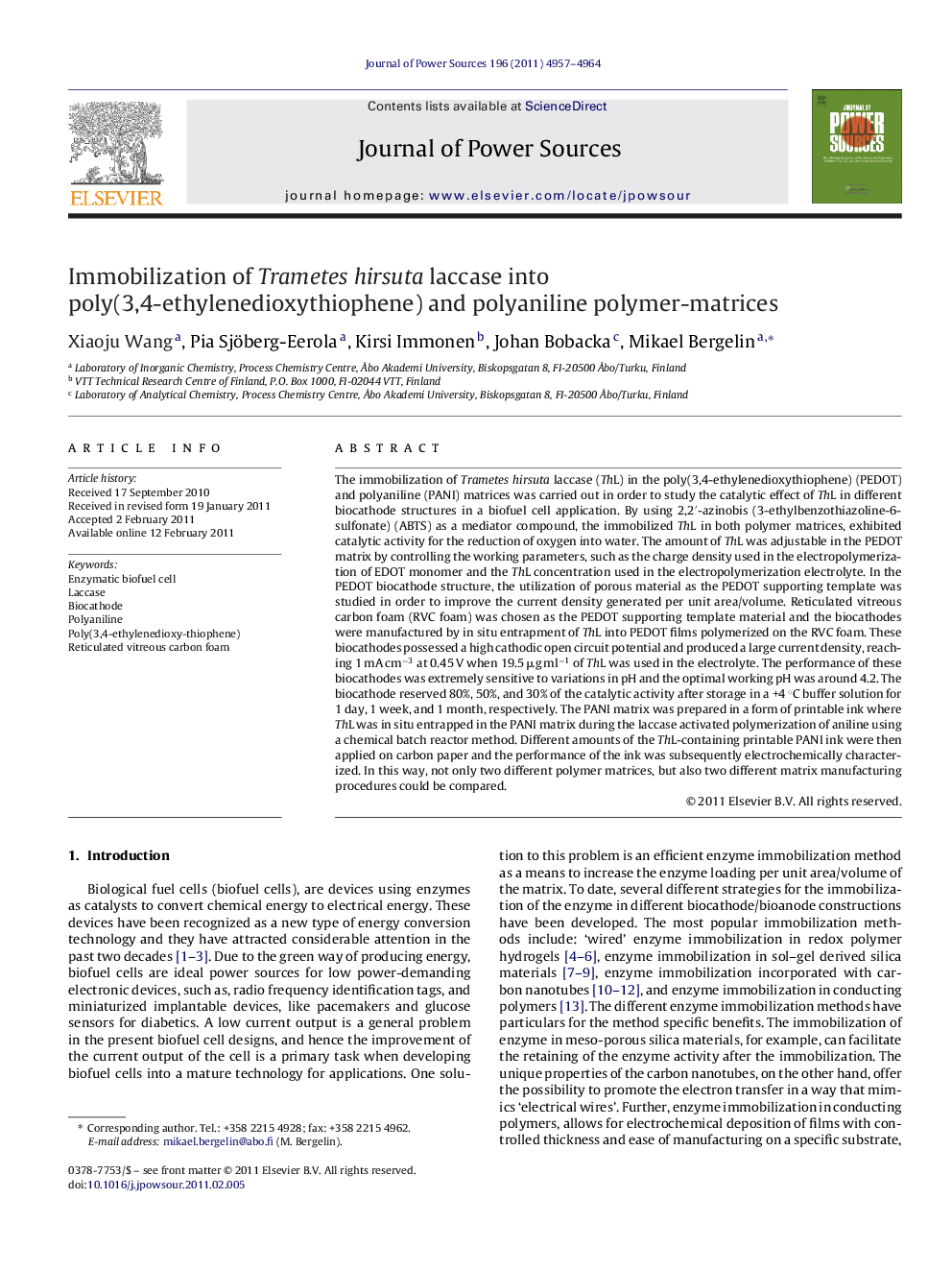 Immobilization of Trametes hirsuta laccase into poly(3,4-ethylenedioxythiophene) and polyaniline polymer-matrices