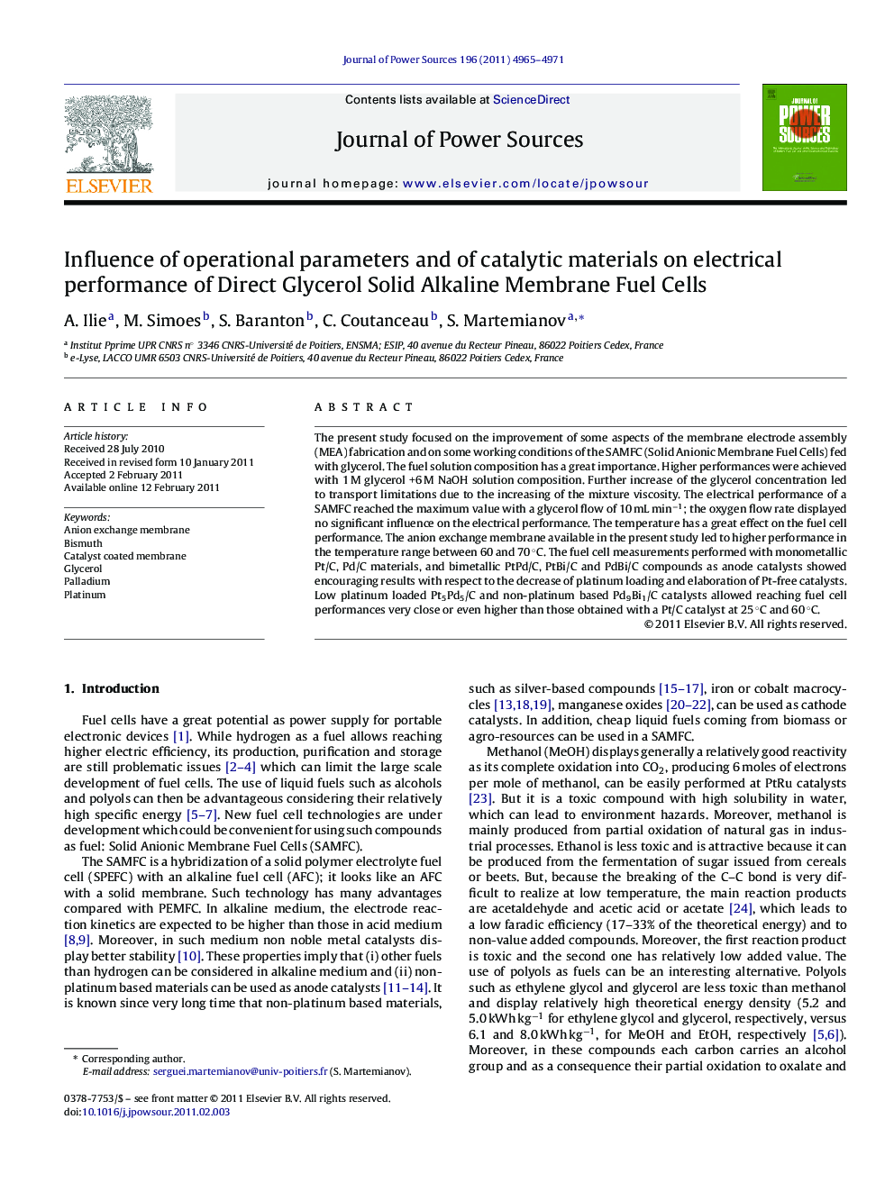 Influence of operational parameters and of catalytic materials on electrical performance of Direct Glycerol Solid Alkaline Membrane Fuel Cells