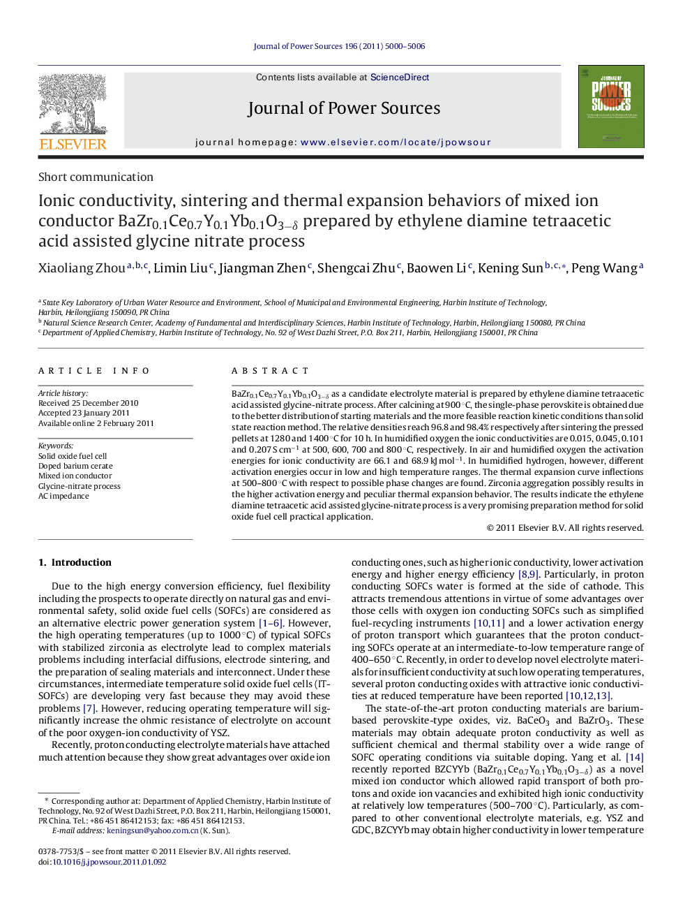 Ionic conductivity, sintering and thermal expansion behaviors of mixed ion conductor BaZr0.1Ce0.7Y0.1Yb0.1O3−δ prepared by ethylene diamine tetraacetic acid assisted glycine nitrate process