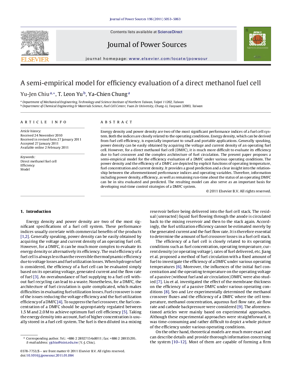 A semi-empirical model for efficiency evaluation of a direct methanol fuel cell