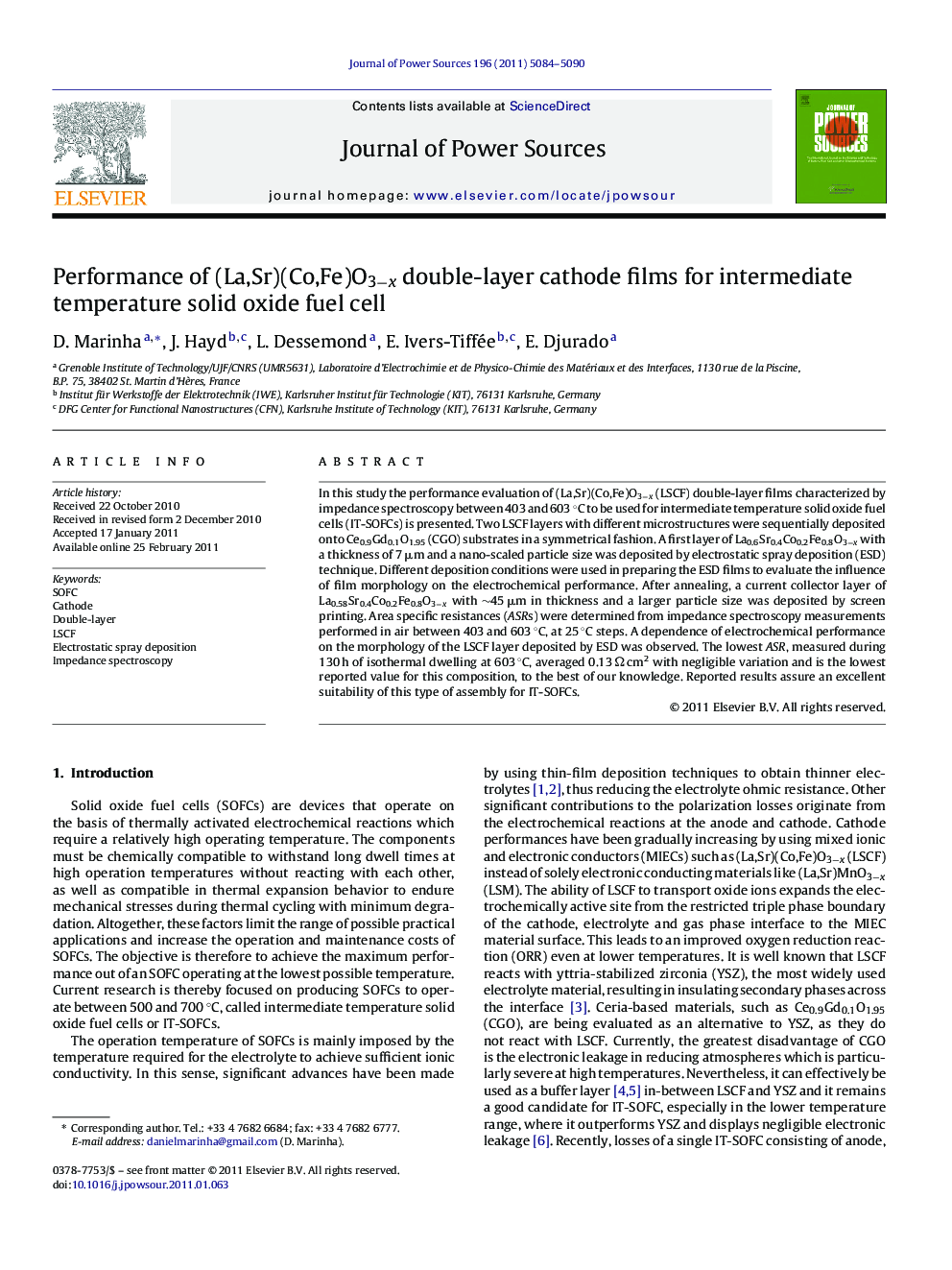 Performance of (La,Sr)(Co,Fe)O3−x double-layer cathode films for intermediate temperature solid oxide fuel cell