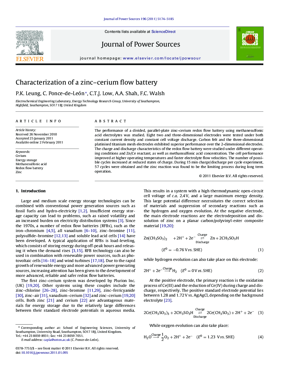 Characterization of a zinc–cerium flow battery