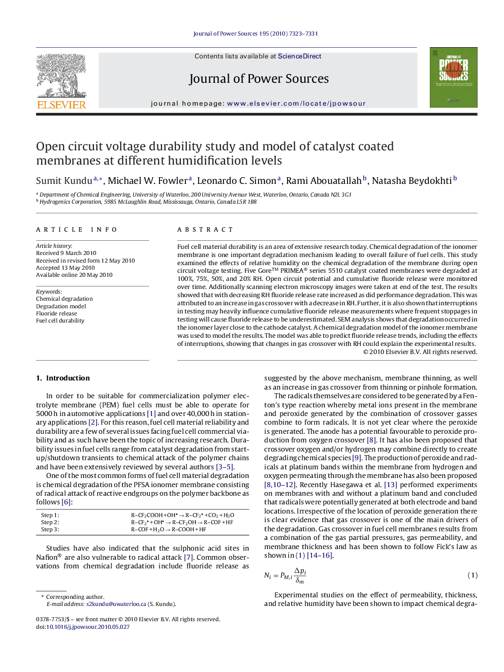 Open circuit voltage durability study and model of catalyst coated membranes at different humidification levels