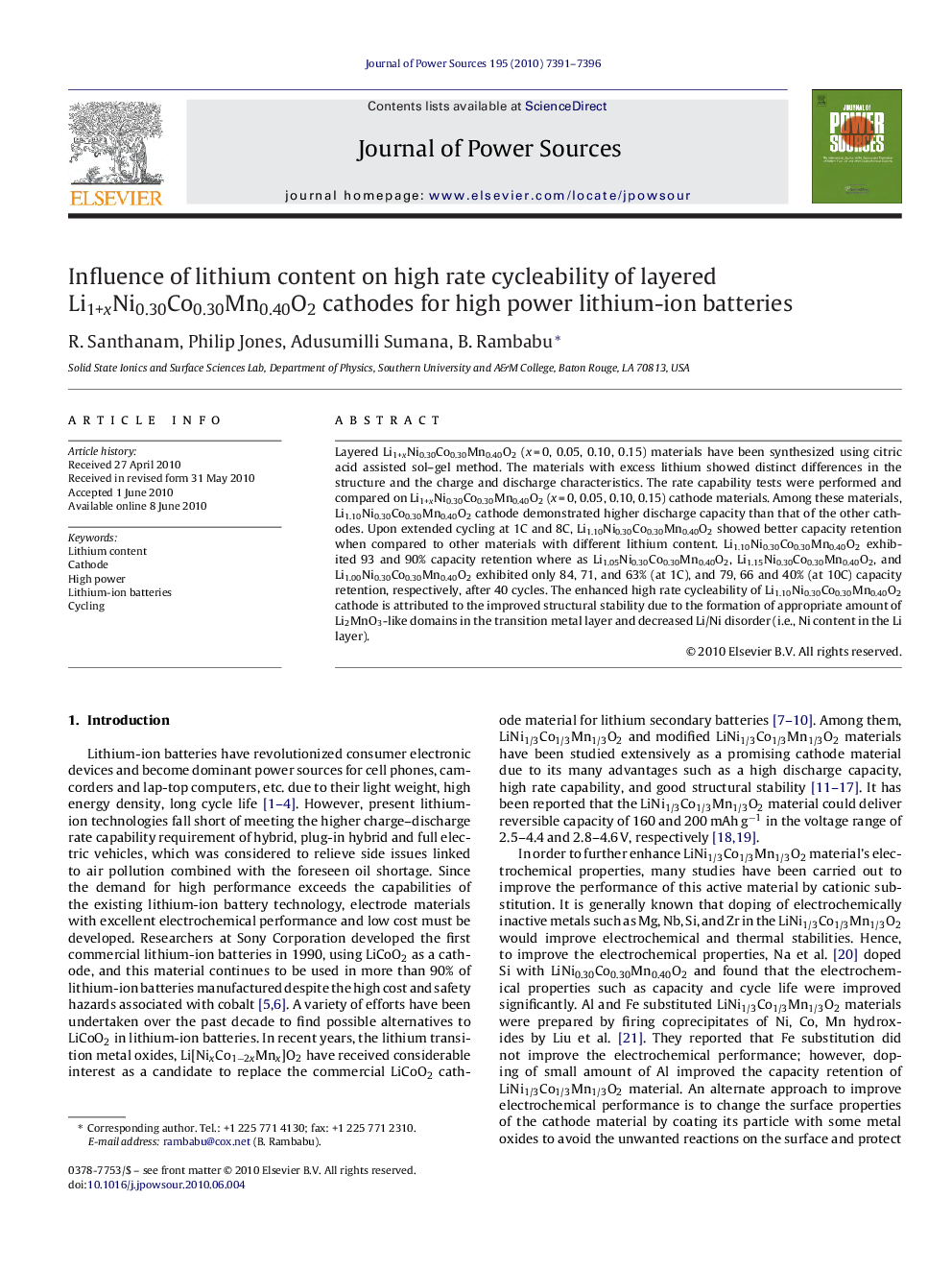 Influence of lithium content on high rate cycleability of layered Li1+xNi0.30Co0.30Mn0.40O2 cathodes for high power lithium-ion batteries