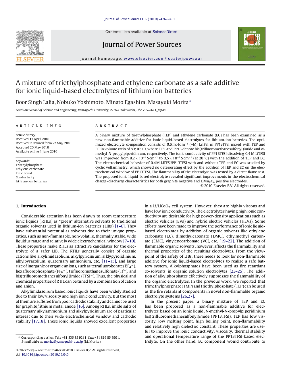 A mixture of triethylphosphate and ethylene carbonate as a safe additive for ionic liquid-based electrolytes of lithium ion batteries