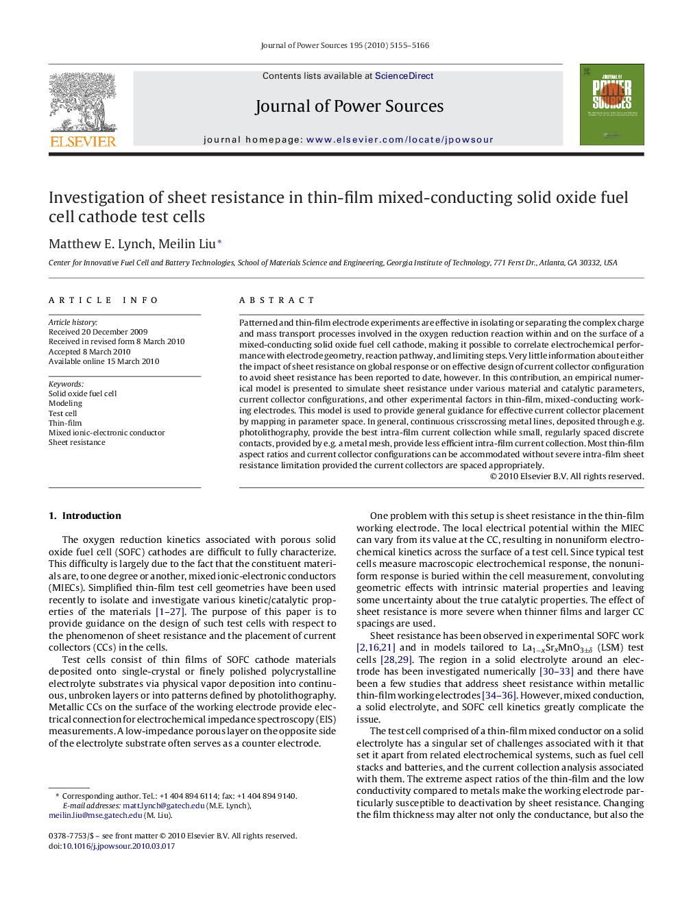 Investigation of sheet resistance in thin-film mixed-conducting solid oxide fuel cell cathode test cells