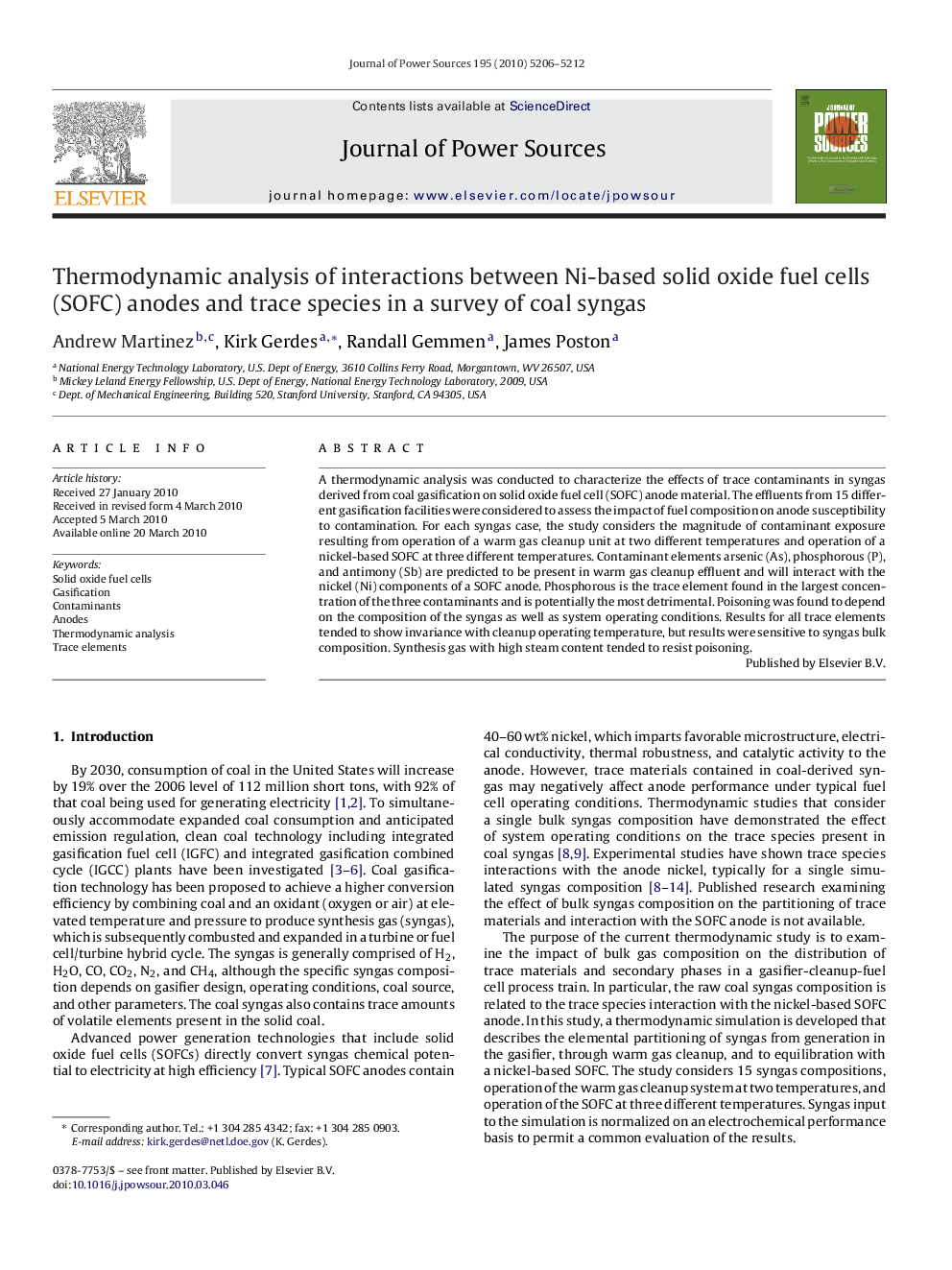 Thermodynamic analysis of interactions between Ni-based solid oxide fuel cells (SOFC) anodes and trace species in a survey of coal syngas