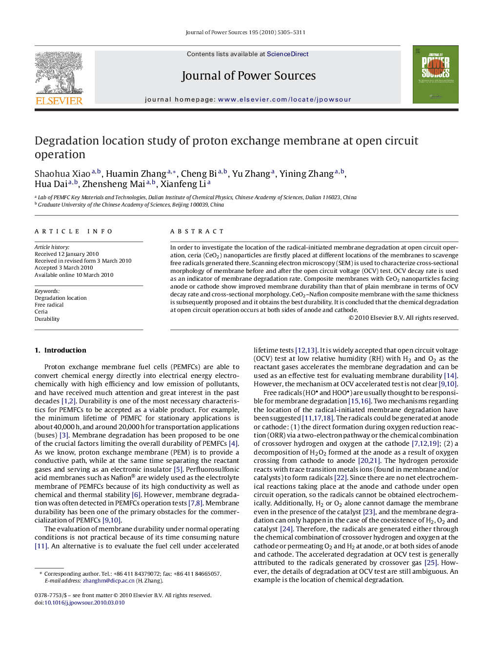 Degradation location study of proton exchange membrane at open circuit operation