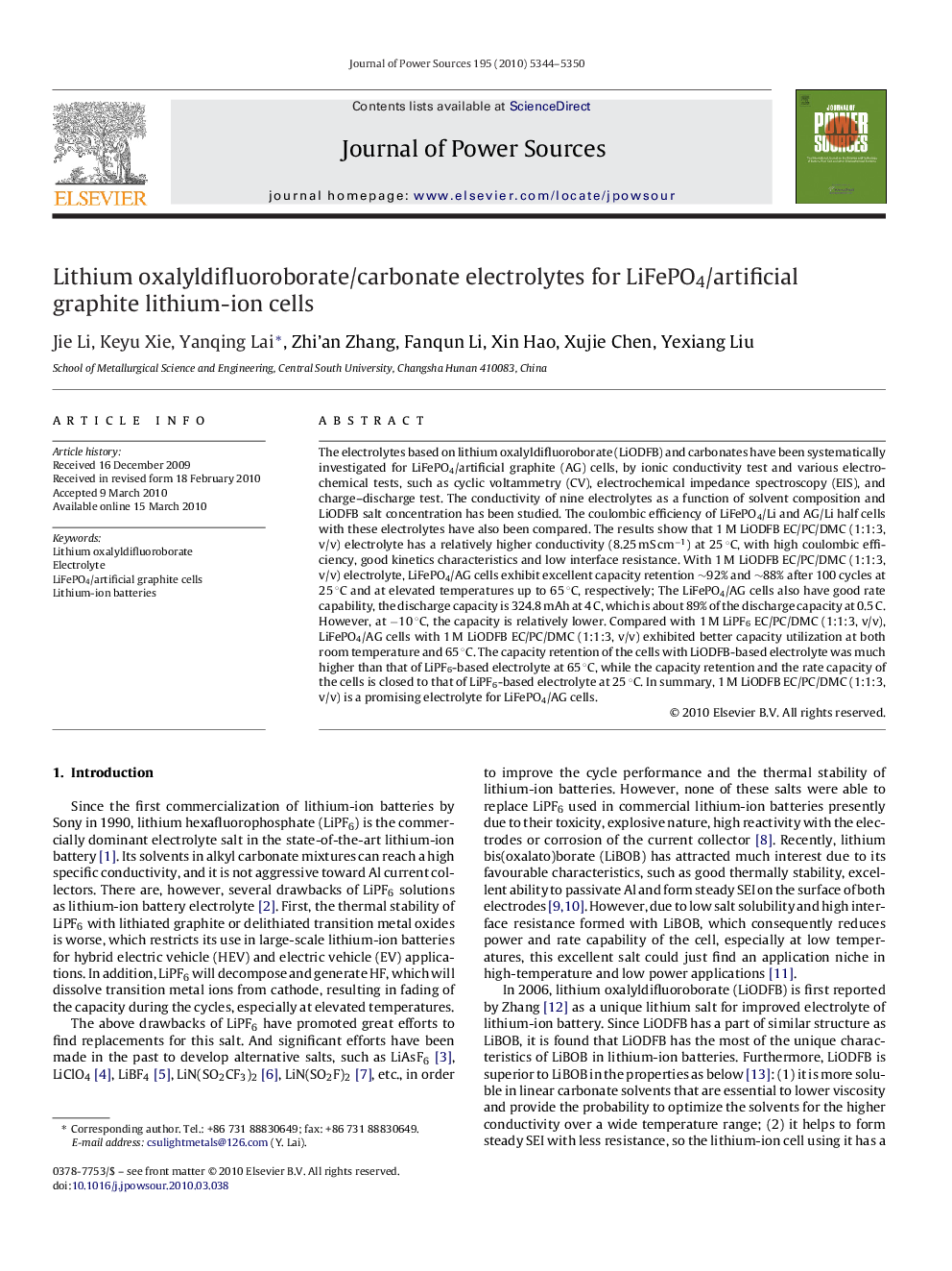 Lithium oxalyldifluoroborate/carbonate electrolytes for LiFePO4/artificial graphite lithium-ion cells