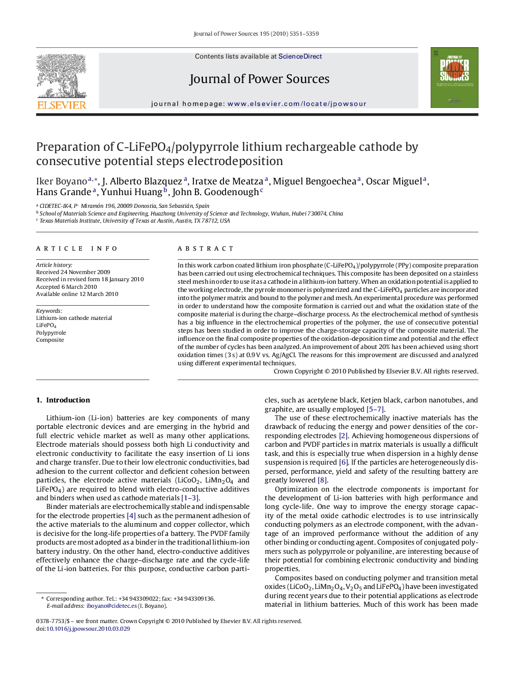 Preparation of C-LiFePO4/polypyrrole lithium rechargeable cathode by consecutive potential steps electrodeposition