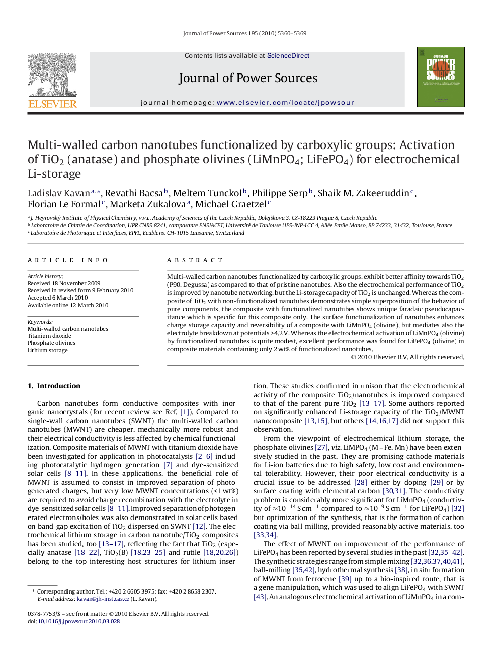 Multi-walled carbon nanotubes functionalized by carboxylic groups: Activation of TiO2 (anatase) and phosphate olivines (LiMnPO4; LiFePO4) for electrochemical Li-storage