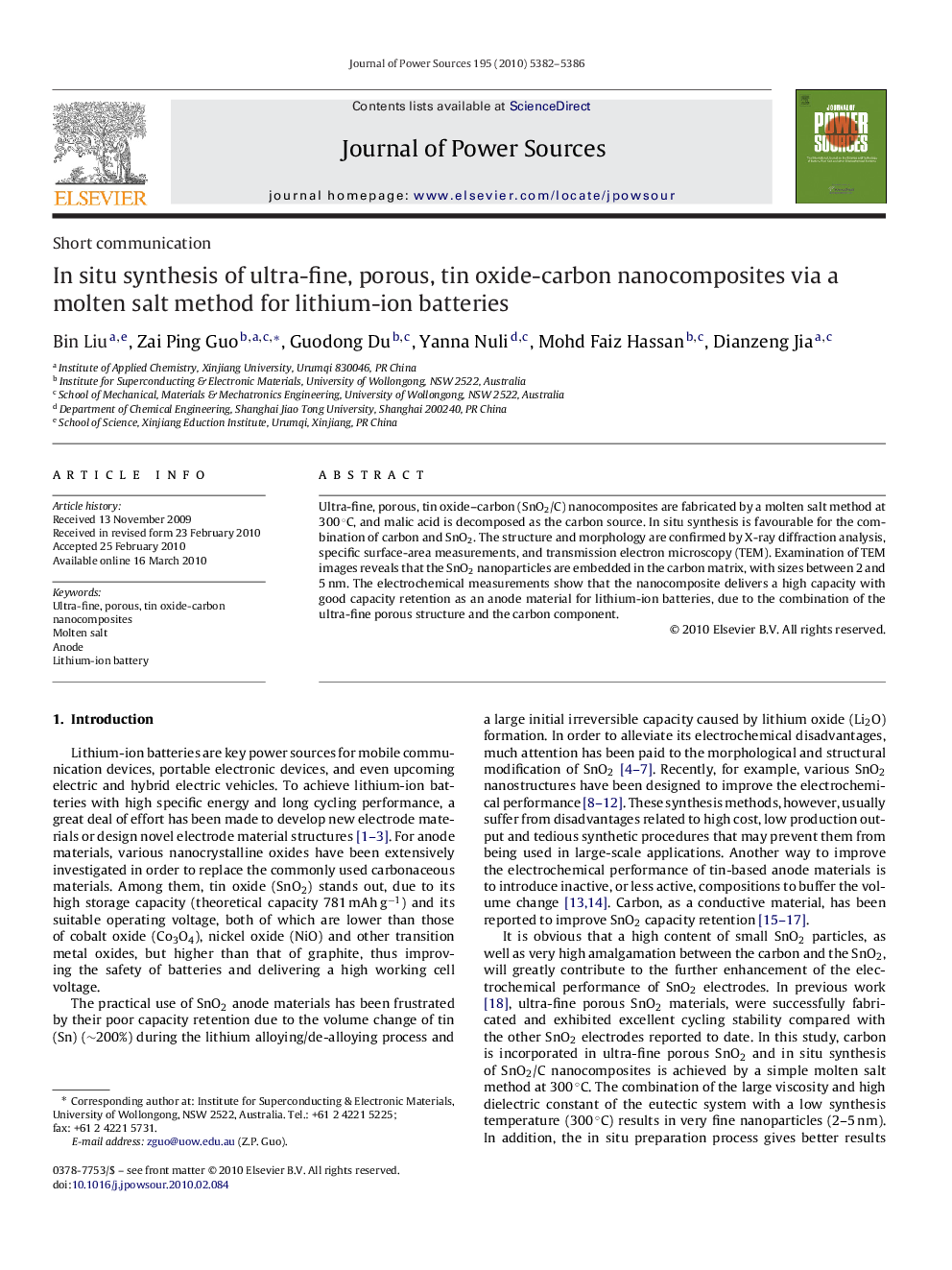 In situ synthesis of ultra-fine, porous, tin oxide-carbon nanocomposites via a molten salt method for lithium-ion batteries