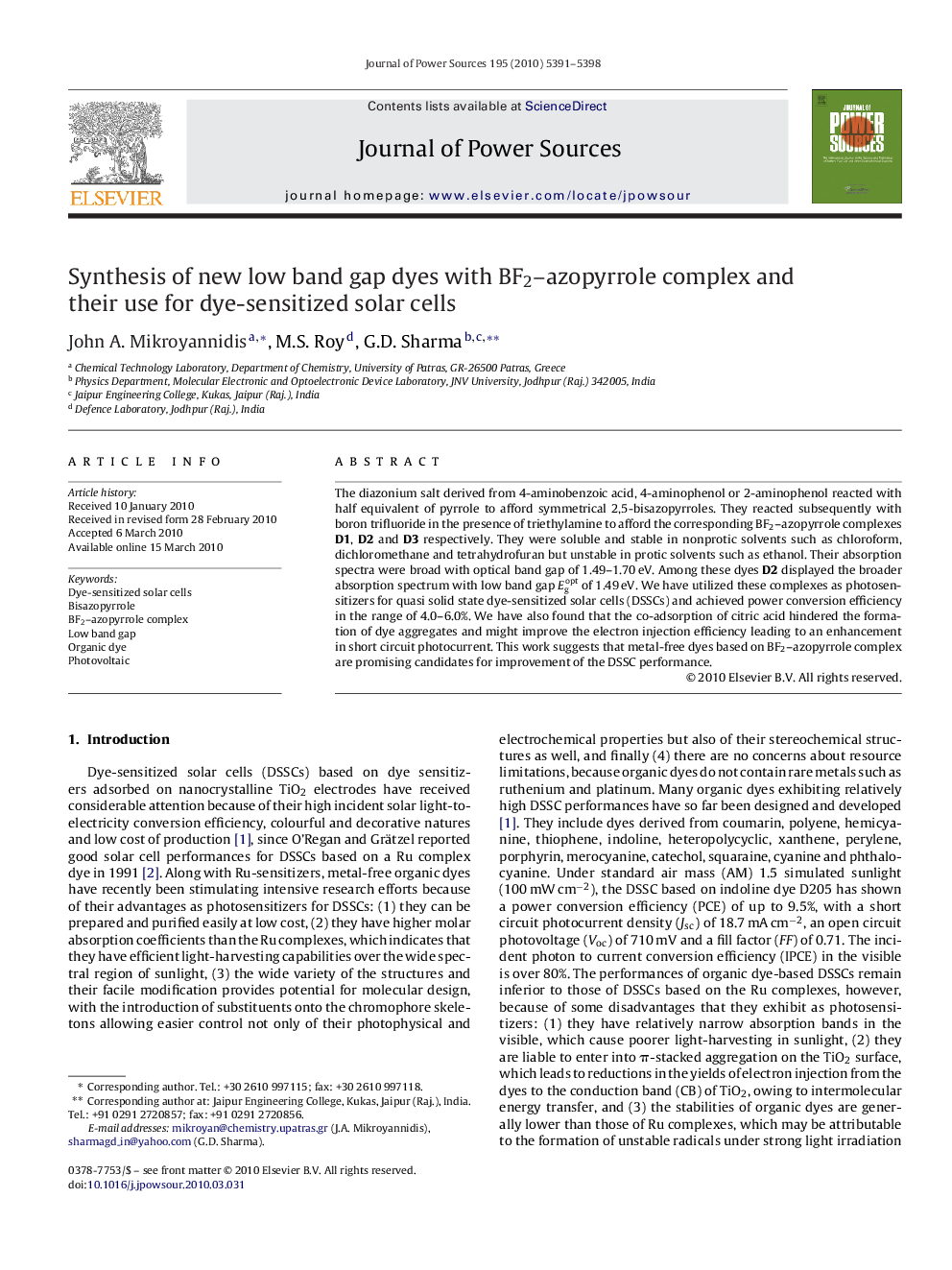 Synthesis of new low band gap dyes with BF2–azopyrrole complex and their use for dye-sensitized solar cells