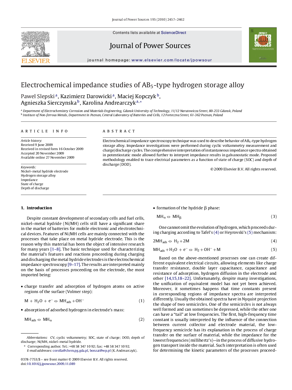 Electrochemical impedance studies of AB5-type hydrogen storage alloy