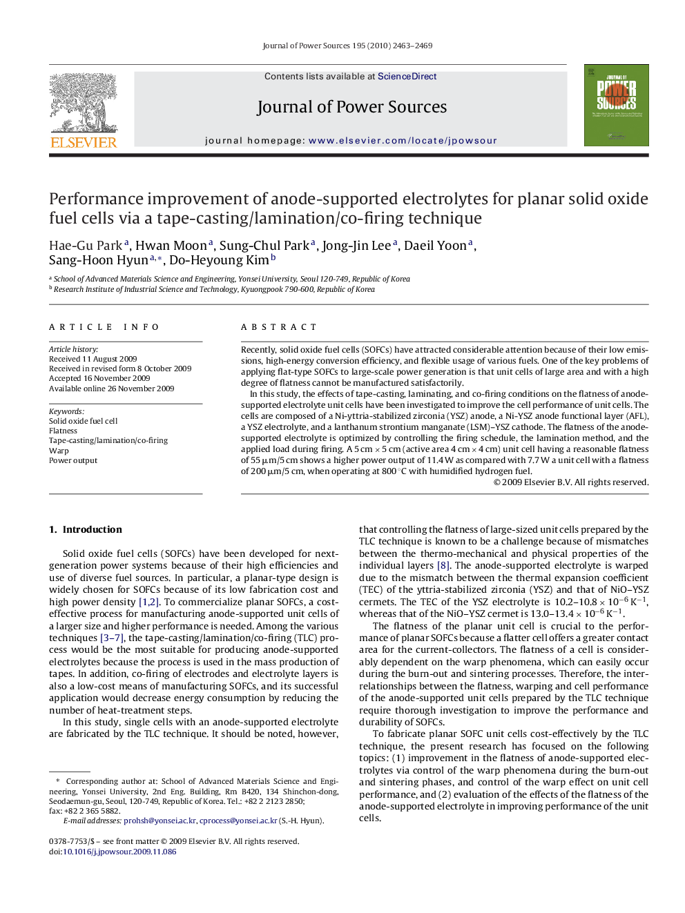 Performance improvement of anode-supported electrolytes for planar solid oxide fuel cells via a tape-casting/lamination/co-firing technique