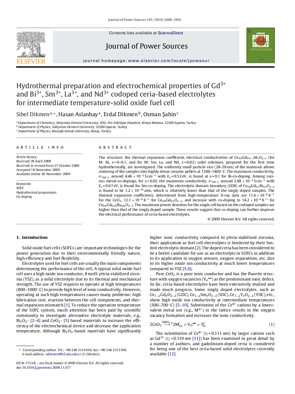 Hydrothermal preparation and electrochemical properties of Gd3+ and Bi3+, Sm3+, La3+, and Nd3+ codoped ceria-based electrolytes for intermediate temperature-solid oxide fuel cell