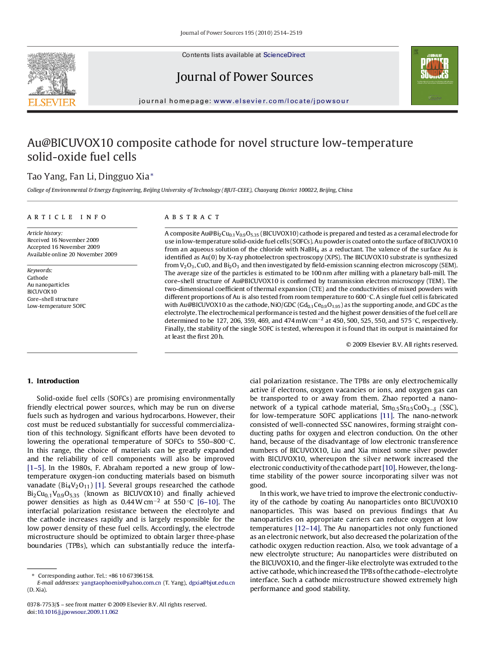 Au@BICUVOX10 composite cathode for novel structure low-temperature solid-oxide fuel cells