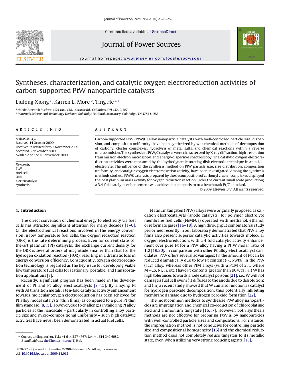 Syntheses, characterization, and catalytic oxygen electroreduction activities of carbon-supported PtW nanoparticle catalysts