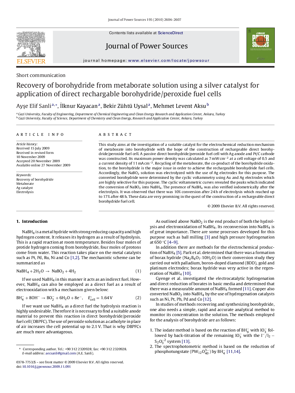 Recovery of borohydride from metaborate solution using a silver catalyst for application of direct rechargable borohydride/peroxide fuel cells