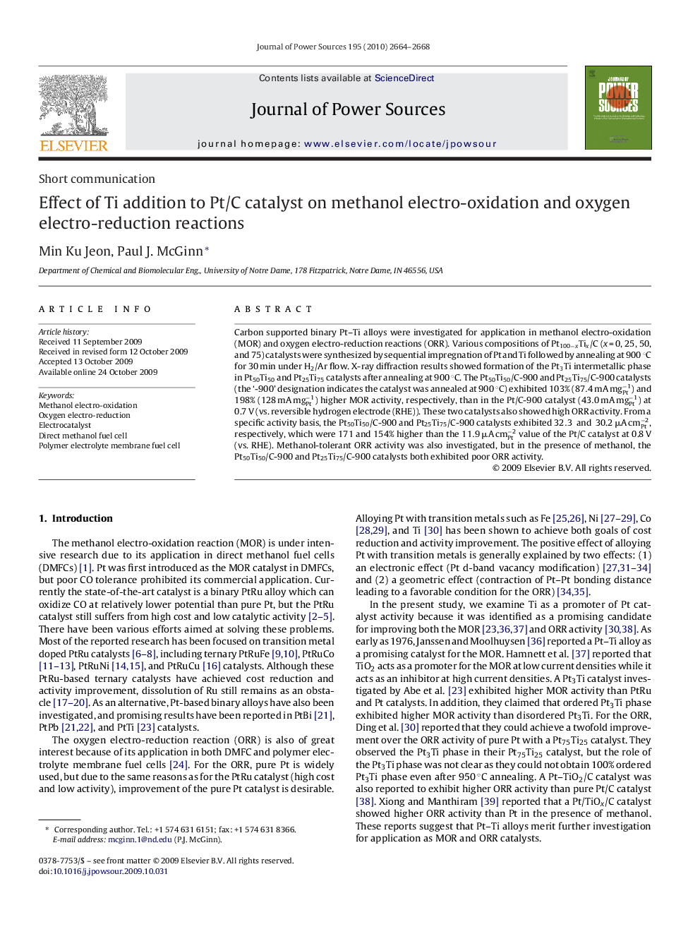 Effect of Ti addition to Pt/C catalyst on methanol electro-oxidation and oxygen electro-reduction reactions