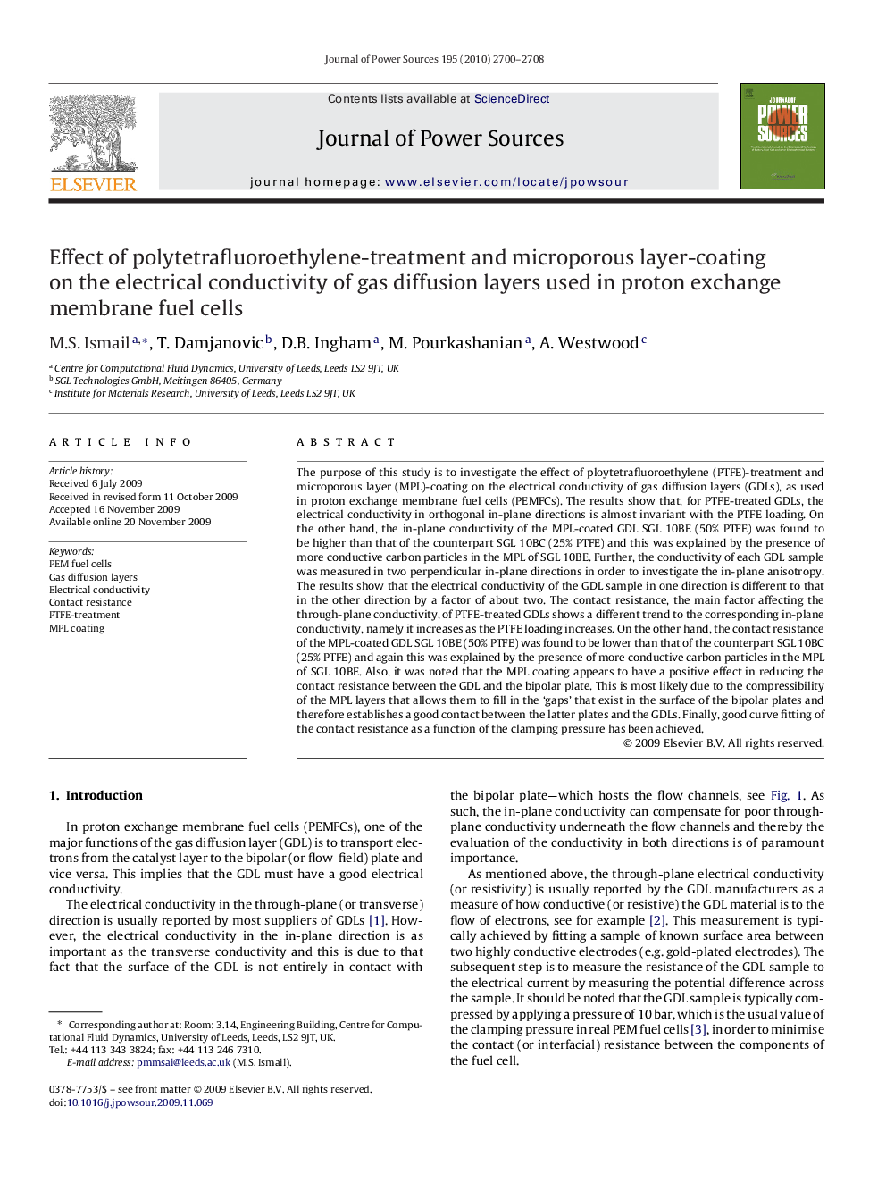 Effect of polytetrafluoroethylene-treatment and microporous layer-coating on the electrical conductivity of gas diffusion layers used in proton exchange membrane fuel cells