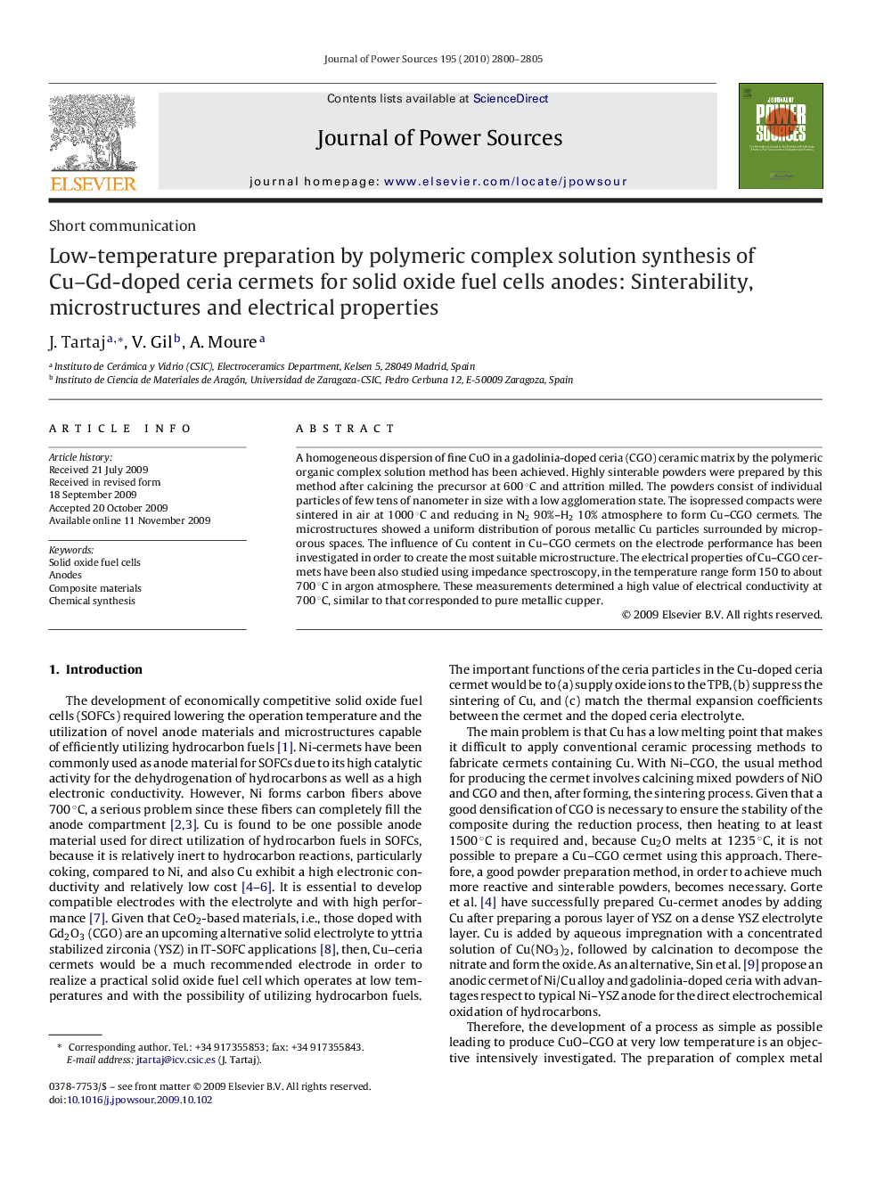 Low-temperature preparation by polymeric complex solution synthesis of Cu–Gd-doped ceria cermets for solid oxide fuel cells anodes: Sinterability, microstructures and electrical properties