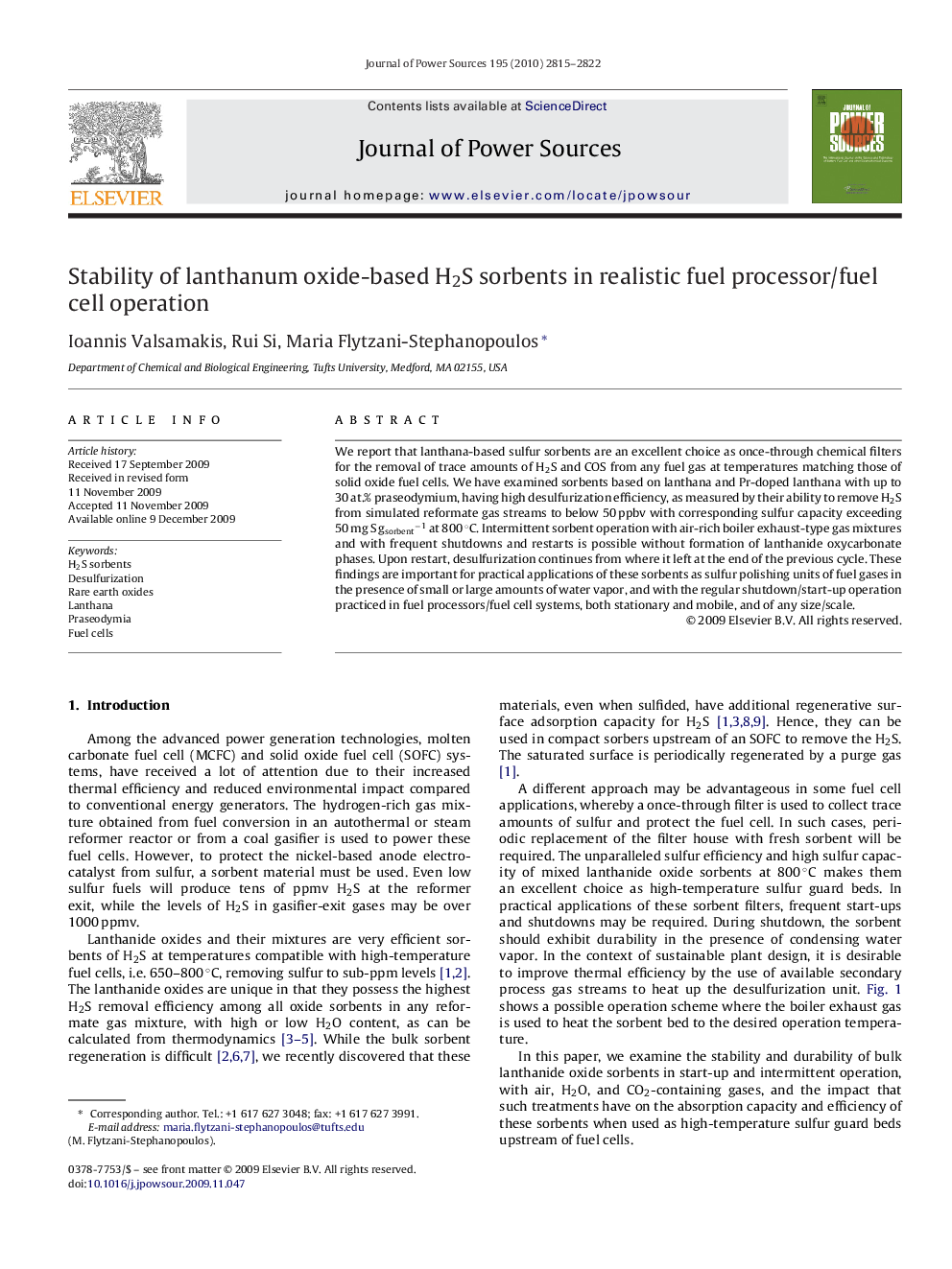 Stability of lanthanum oxide-based H2S sorbents in realistic fuel processor/fuel cell operation