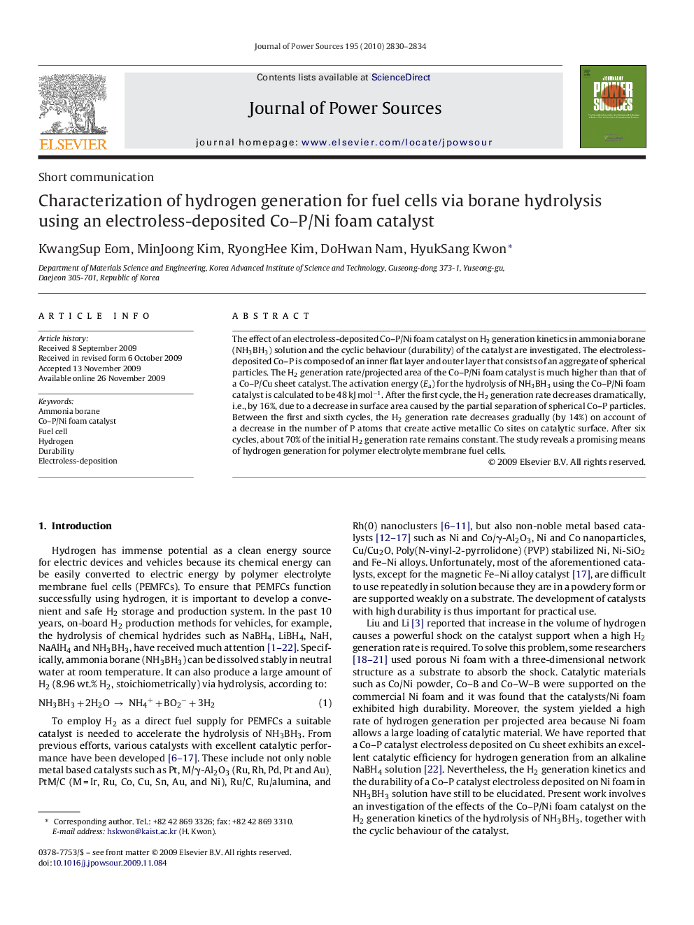 Characterization of hydrogen generation for fuel cells via borane hydrolysis using an electroless-deposited Co–P/Ni foam catalyst