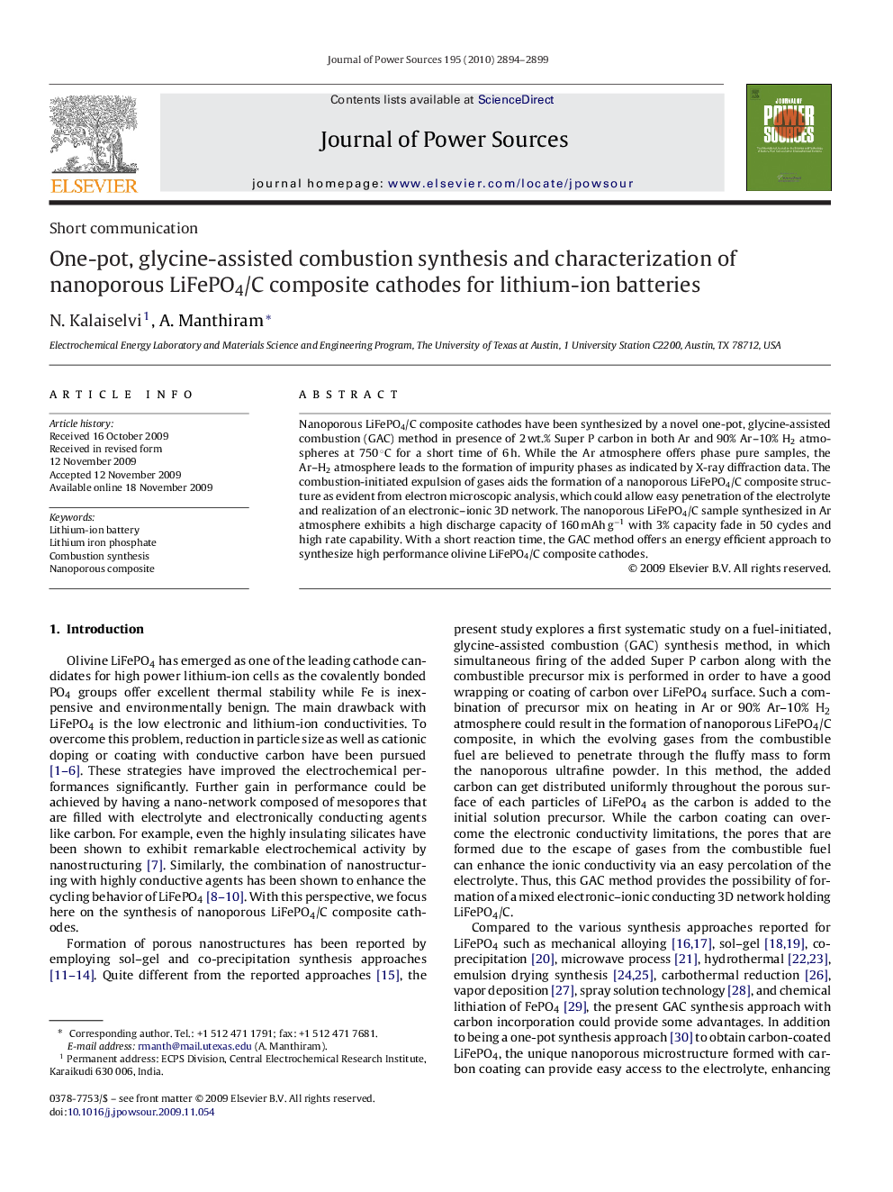 One-pot, glycine-assisted combustion synthesis and characterization of nanoporous LiFePO4/C composite cathodes for lithium-ion batteries