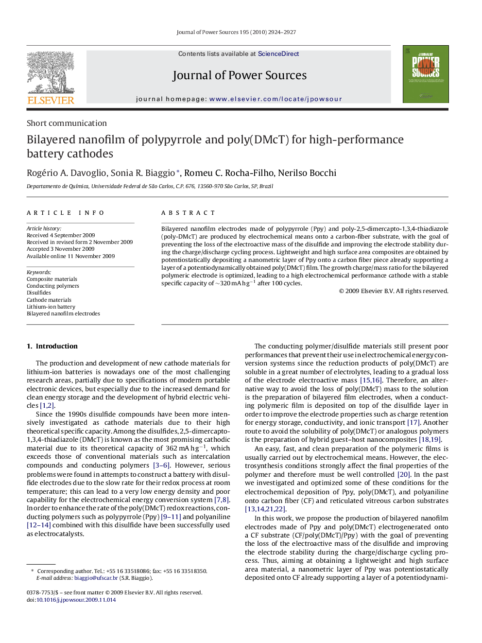 Bilayered nanofilm of polypyrrole and poly(DMcT) for high-performance battery cathodes