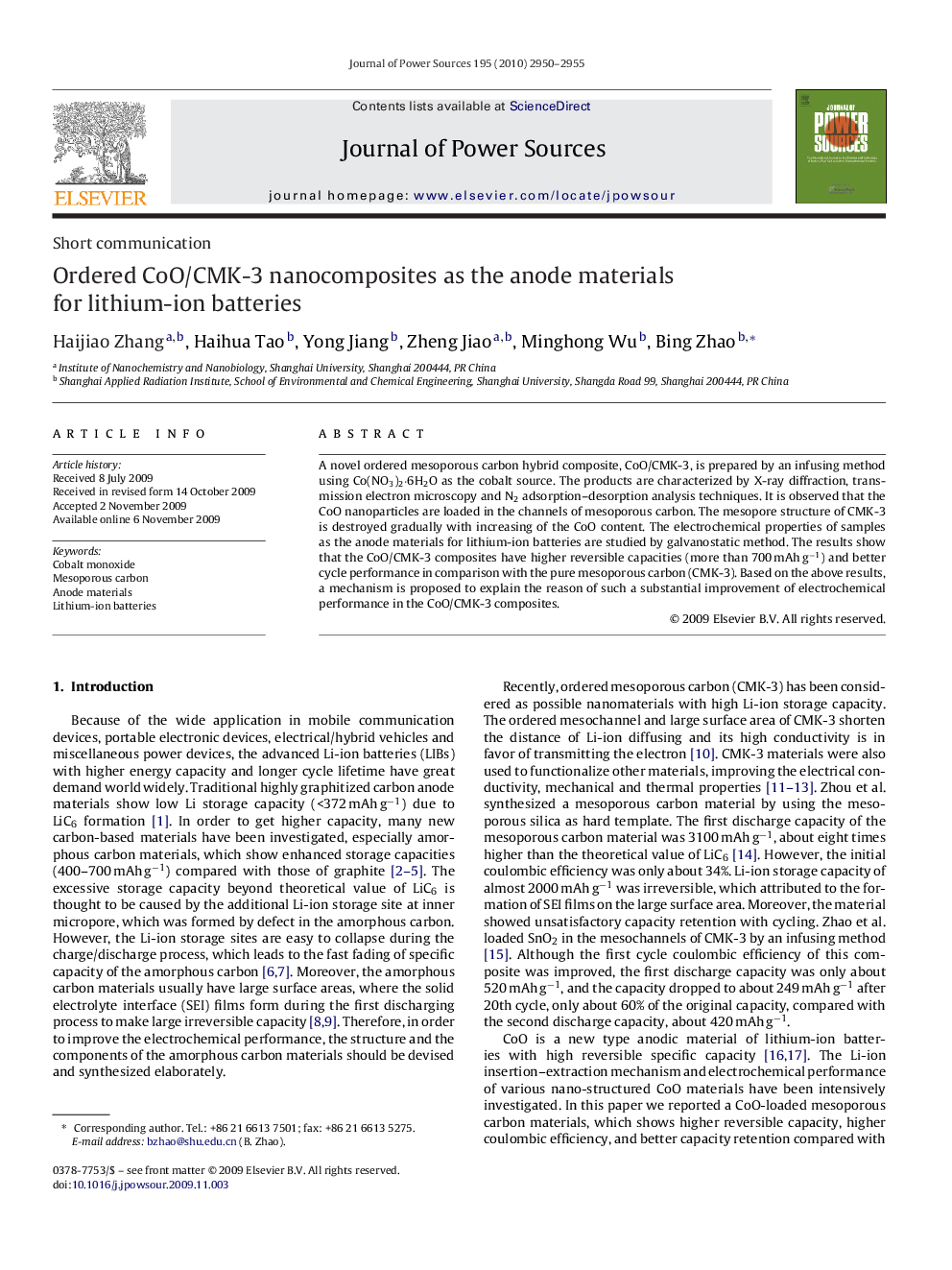 Ordered CoO/CMK-3 nanocomposites as the anode materials for lithium-ion batteries