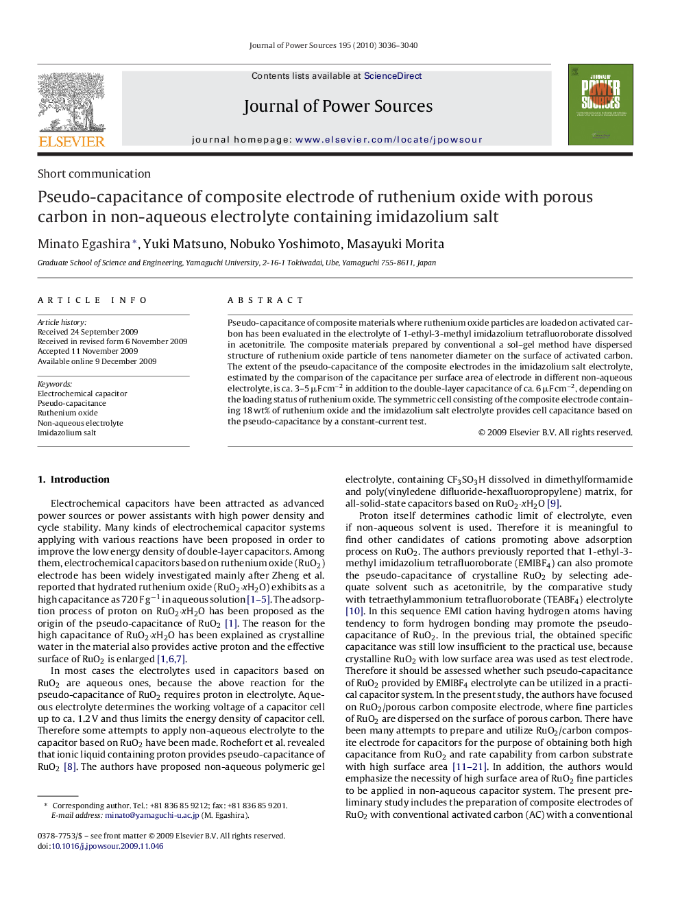 Pseudo-capacitance of composite electrode of ruthenium oxide with porous carbon in non-aqueous electrolyte containing imidazolium salt
