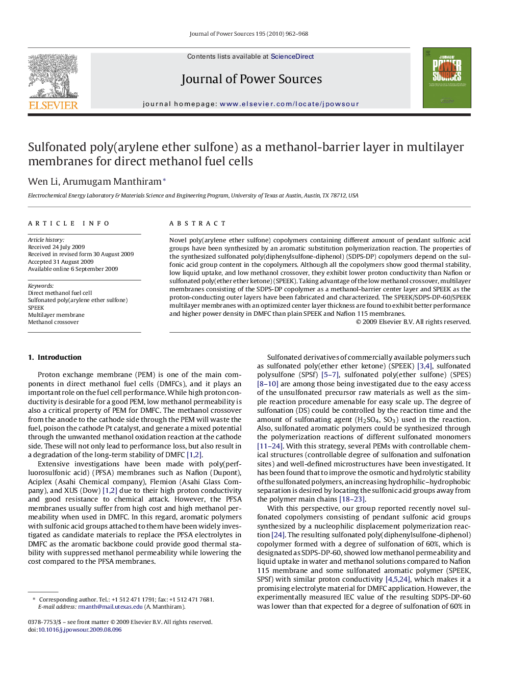 Sulfonated poly(arylene ether sulfone) as a methanol-barrier layer in multilayer membranes for direct methanol fuel cells