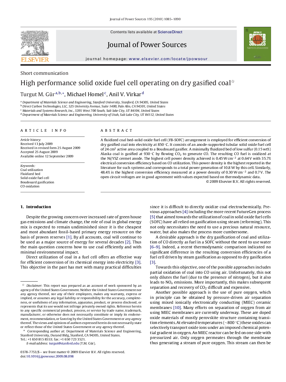 High performance solid oxide fuel cell operating on dry gasified coal 