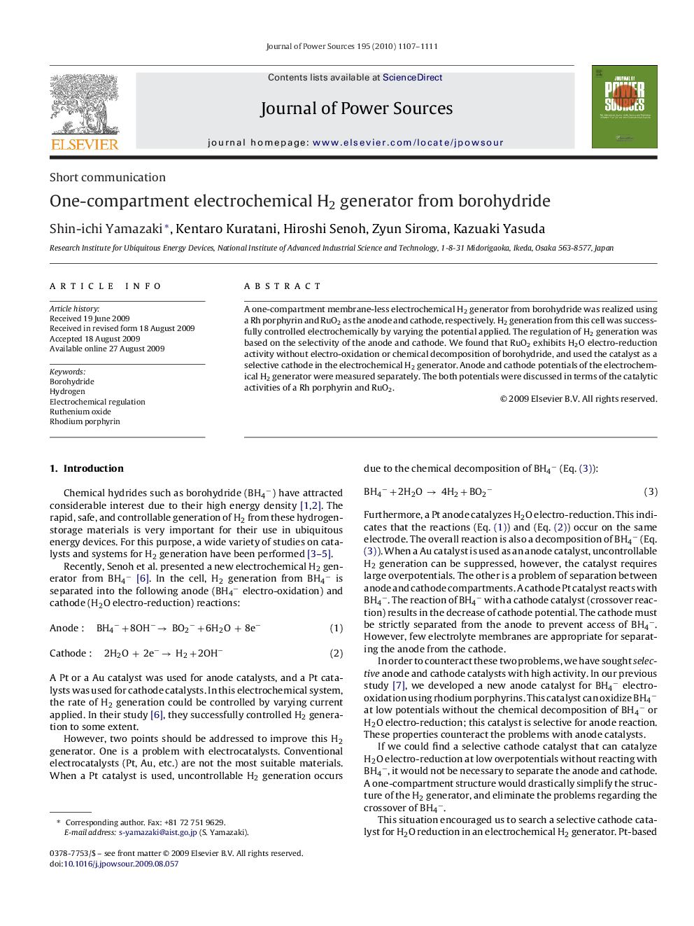 One-compartment electrochemical H2 generator from borohydride