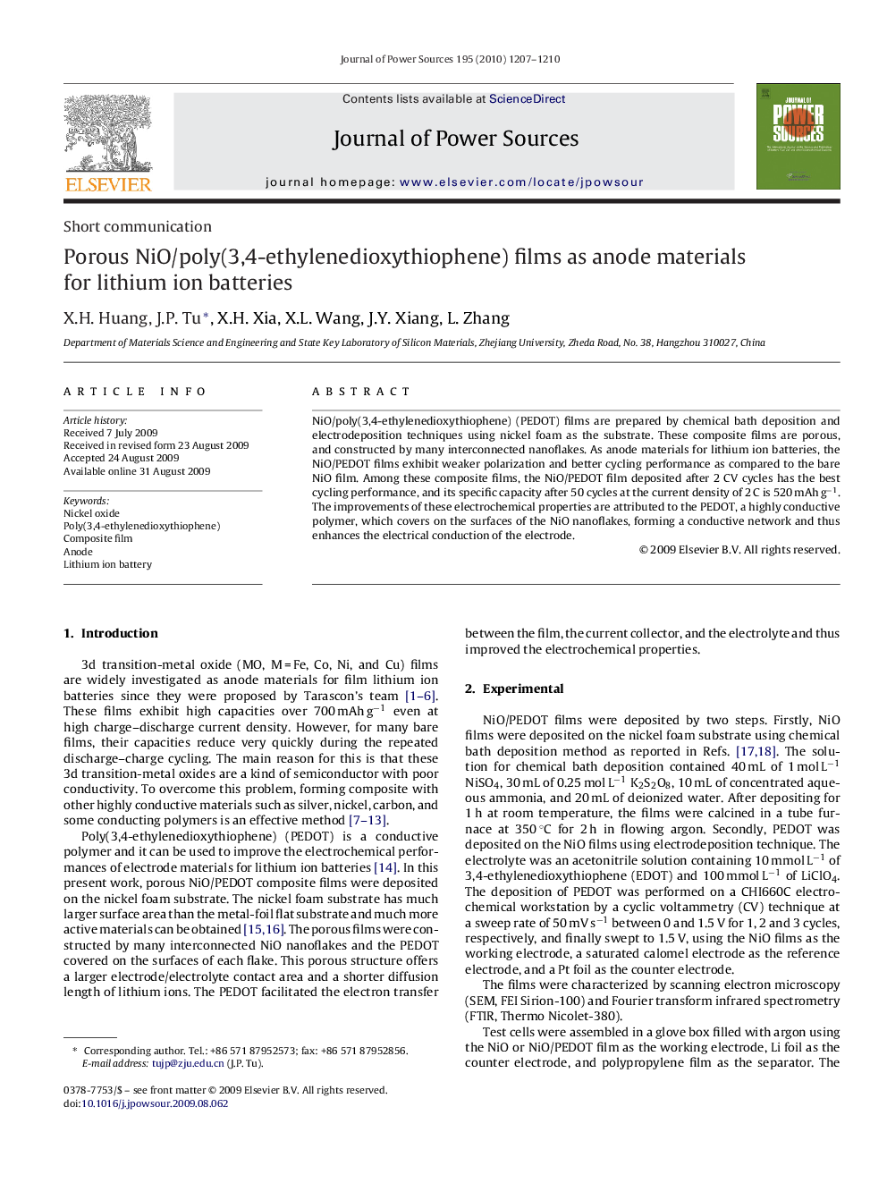 Porous NiO/poly(3,4-ethylenedioxythiophene) films as anode materials for lithium ion batteries