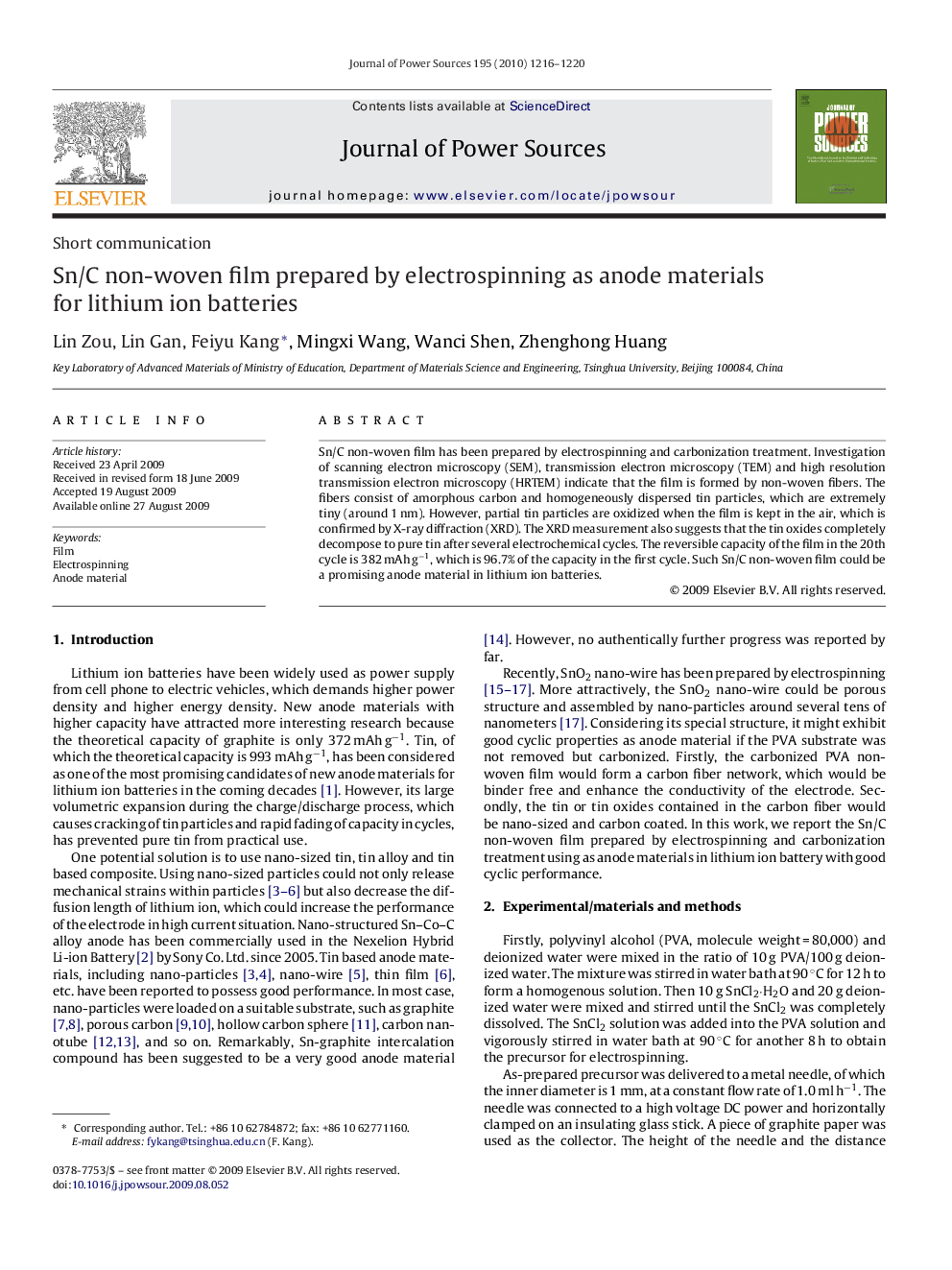 Sn/C non-woven film prepared by electrospinning as anode materials for lithium ion batteries