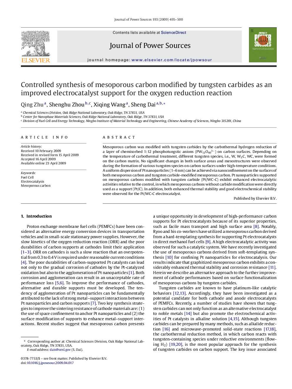 Controlled synthesis of mesoporous carbon modified by tungsten carbides as an improved electrocatalyst support for the oxygen reduction reaction