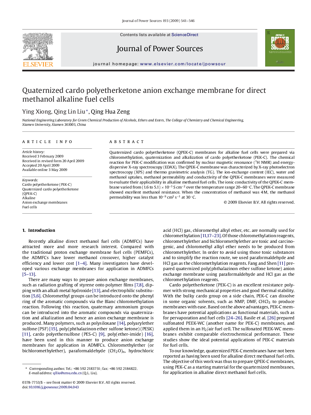 Quaternized cardo polyetherketone anion exchange membrane for direct methanol alkaline fuel cells