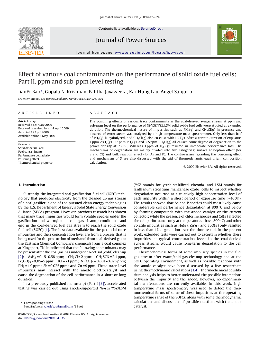 Effect of various coal contaminants on the performance of solid oxide fuel cells: Part II. ppm and sub-ppm level testing