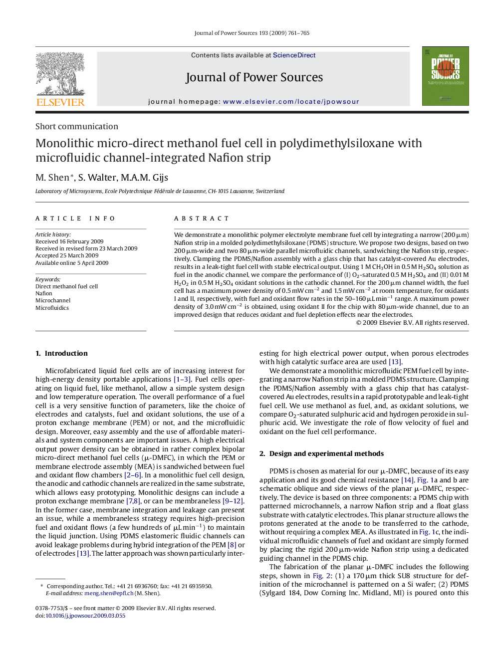 Monolithic micro-direct methanol fuel cell in polydimethylsiloxane with microfluidic channel-integrated Nafion strip