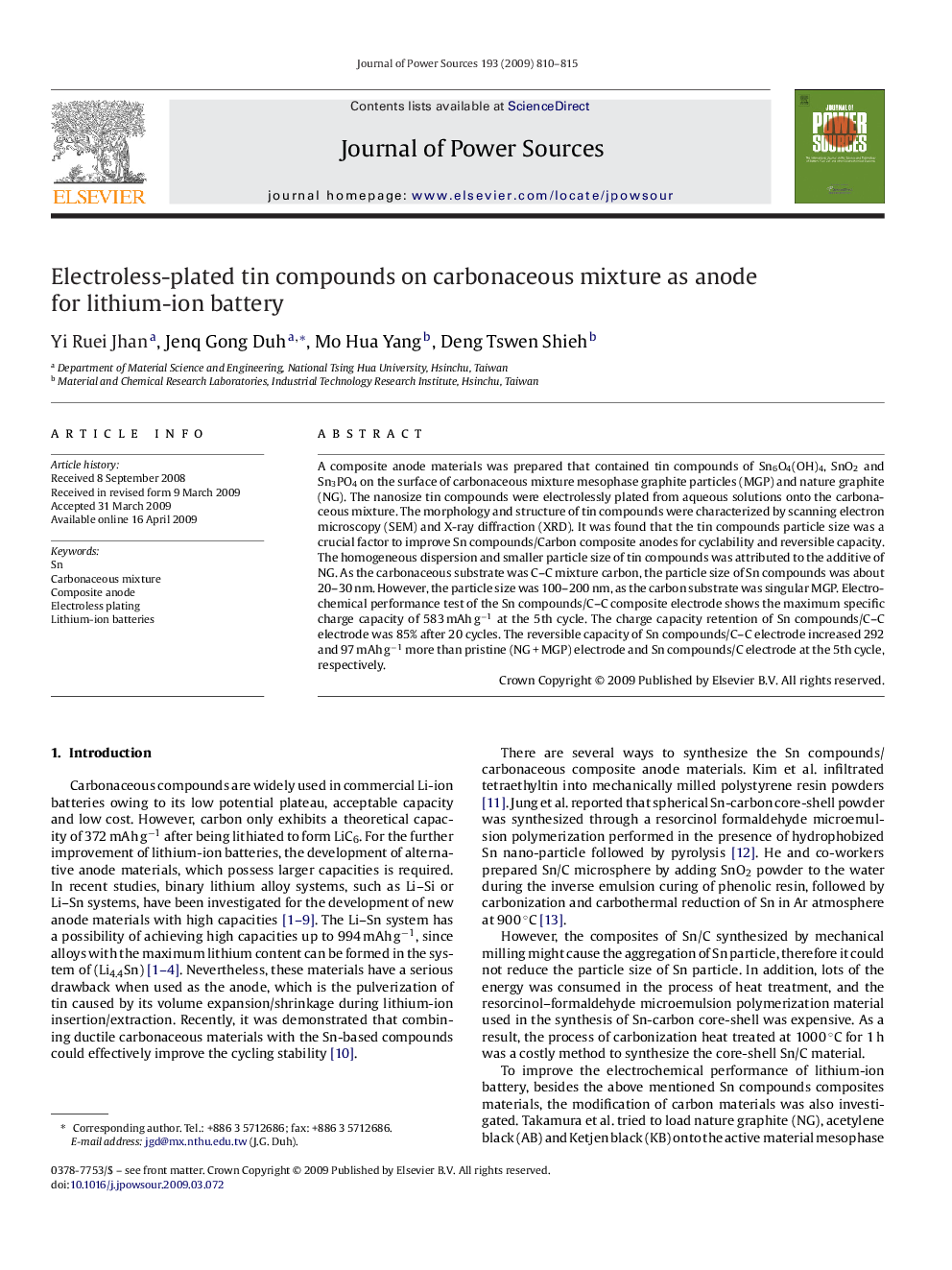 Electroless-plated tin compounds on carbonaceous mixture as anode for lithium-ion battery